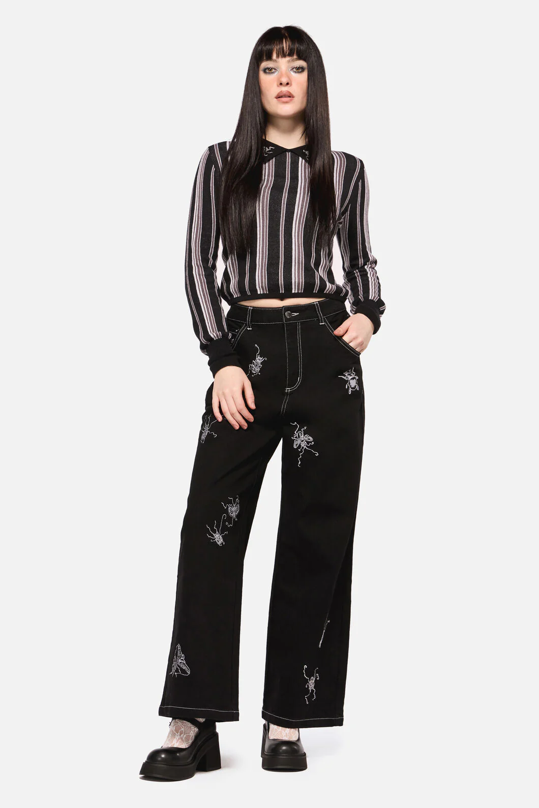 Dark Pieridae Embroidered Wide Leg Jean