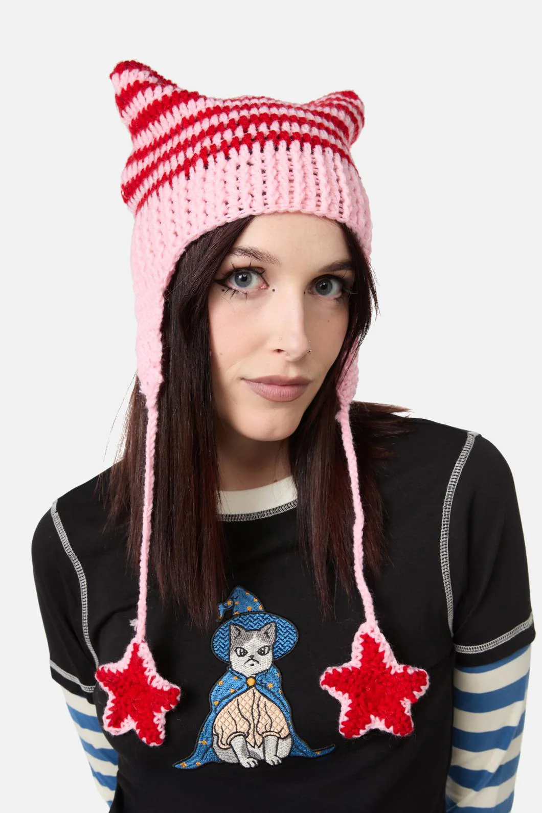 Pink Red Stripe Star Beanie