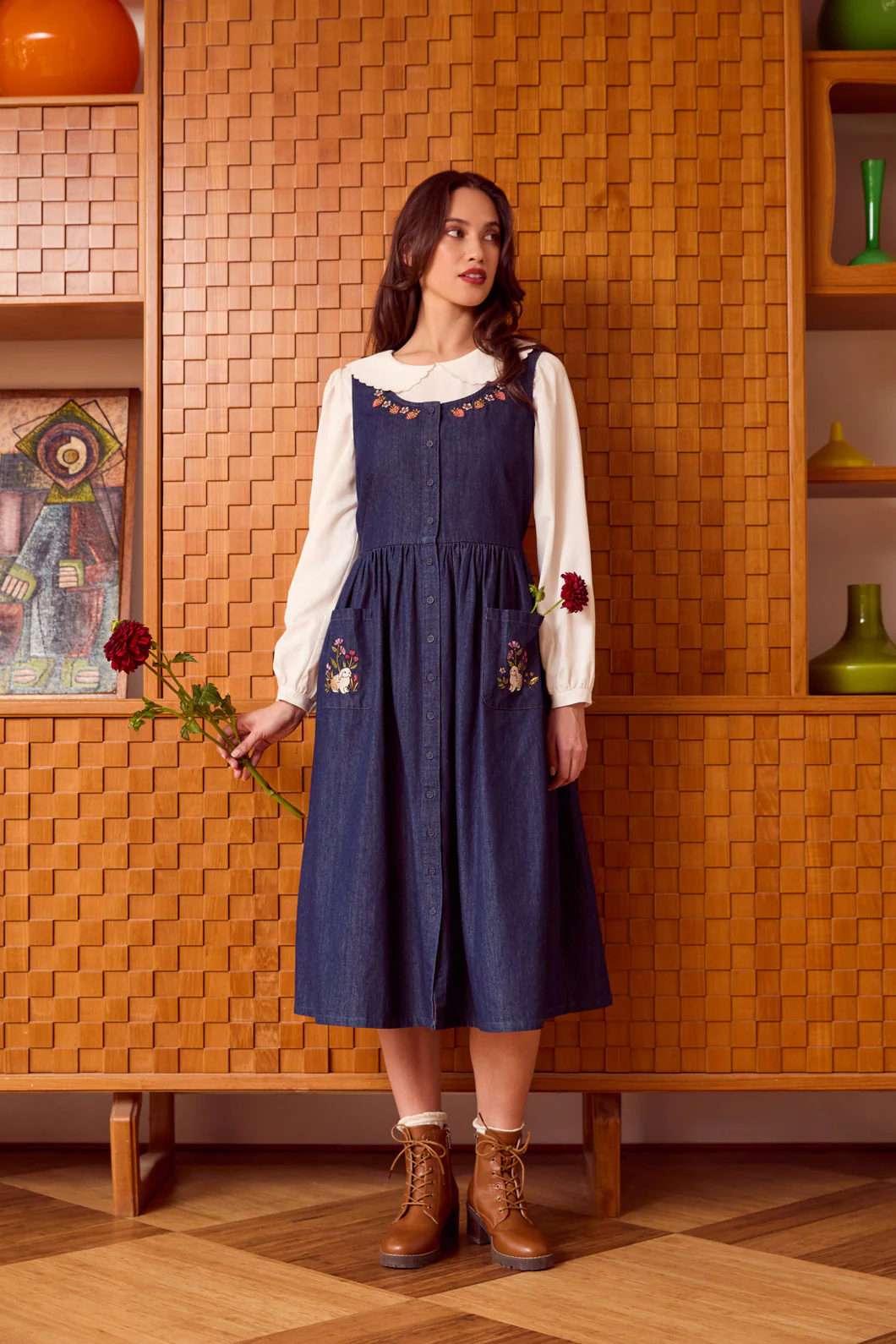 Rabbit Embroidered Denim Dress