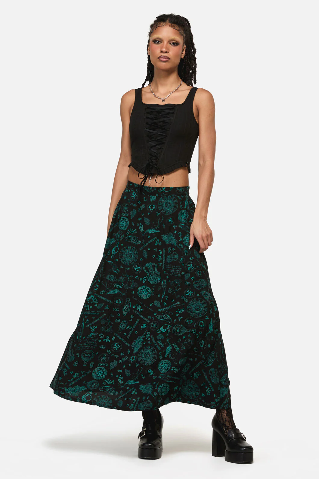 Spellbook Goth Print Midi Skirt