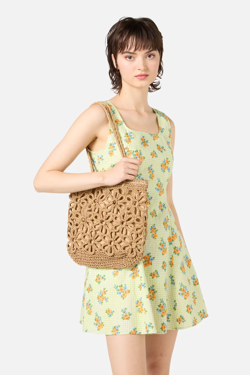Tan Flower Straw Bag