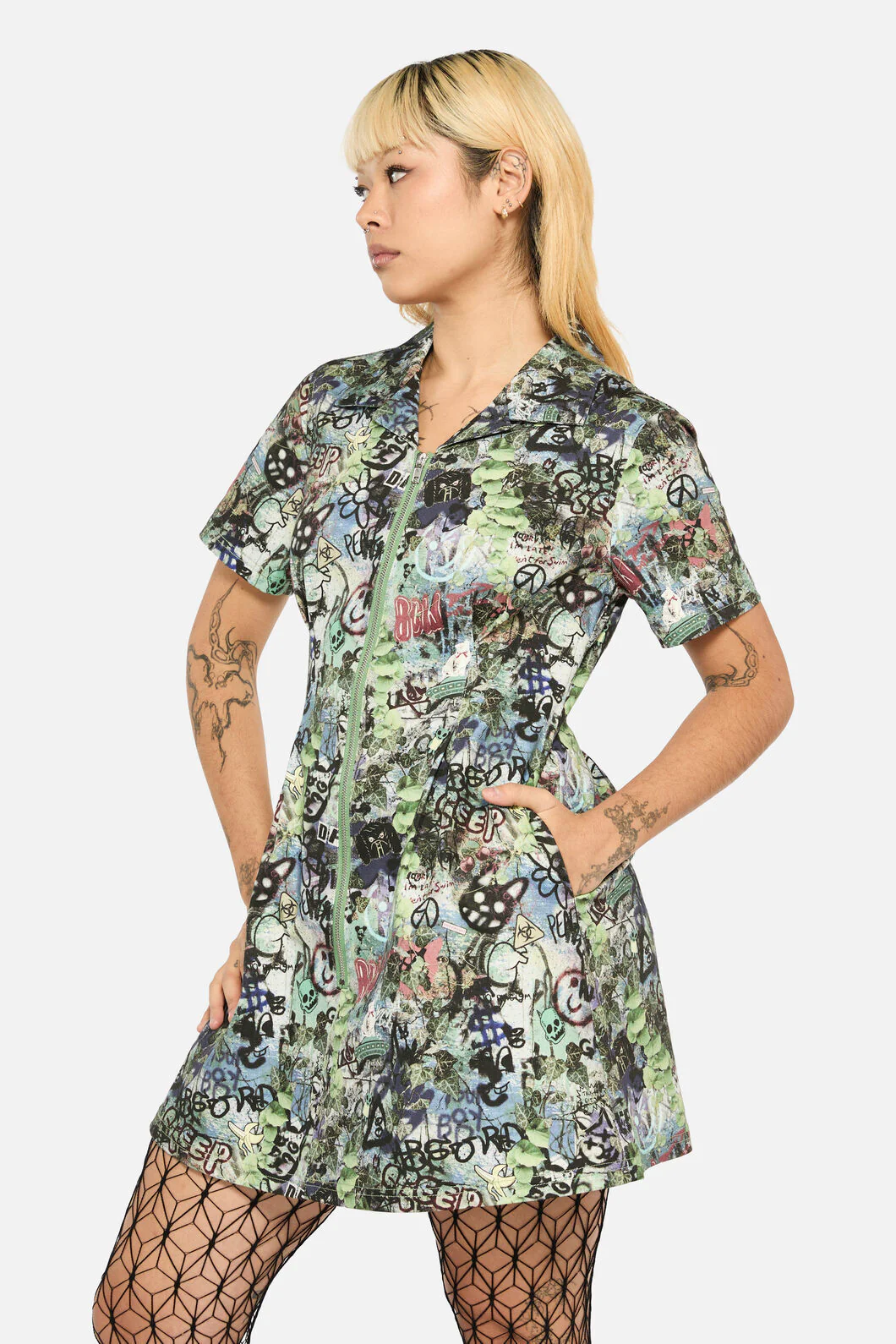 Laneway Zip Print SS Skater Dress