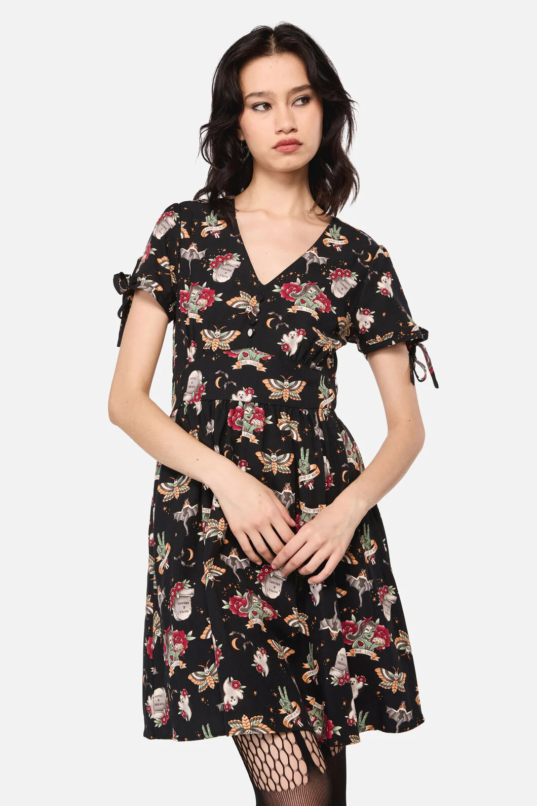 All Hallows Eve Tattoo Print Short Sleeve Dress