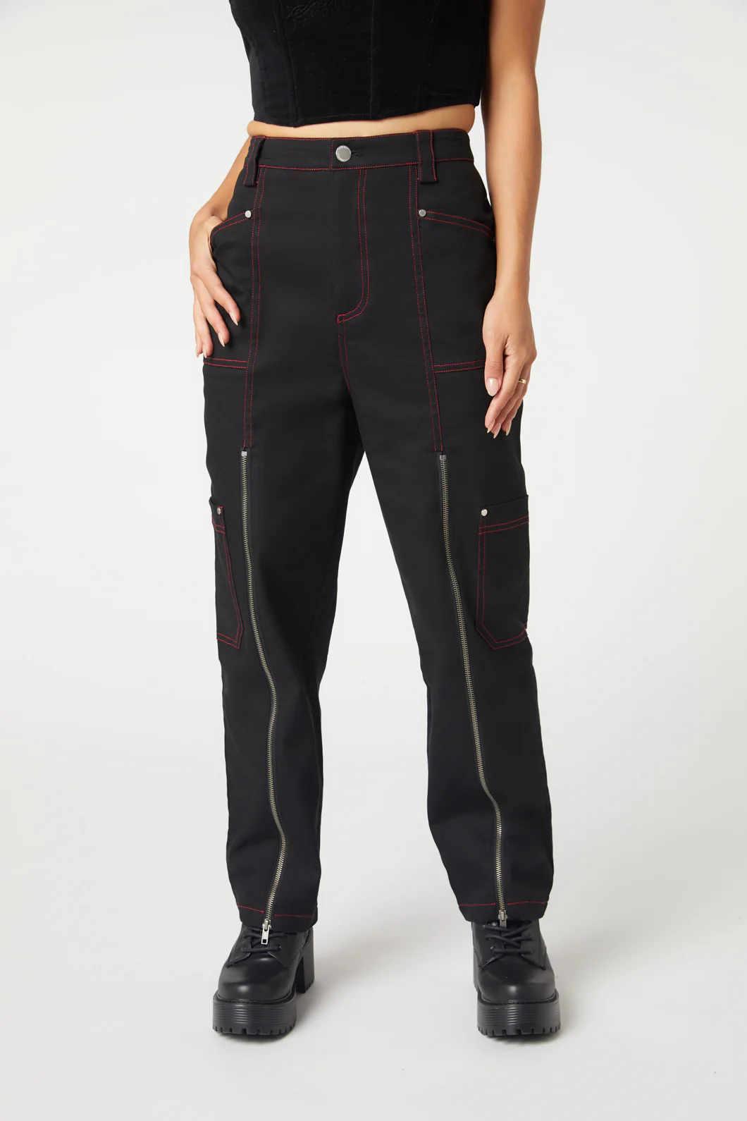 Contrast Stitch Zipper Pant