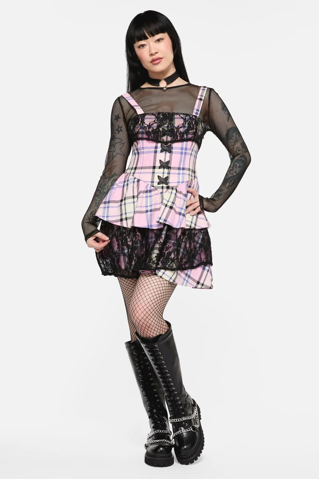 Dragon Scales Tartan Lacey Layered Dress