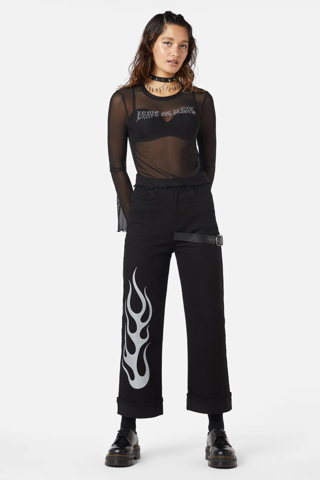 Diamante Leave Me Alone Mesh Flare Sleeve Top