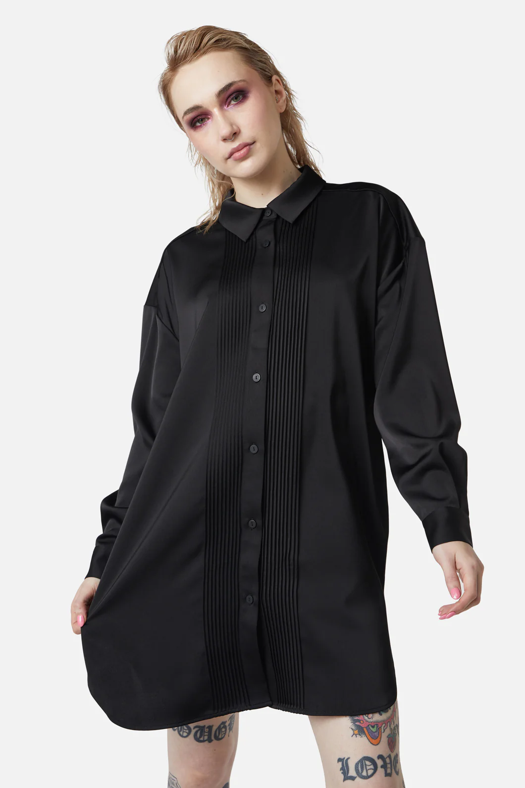 Satin Tux Shirt Dress