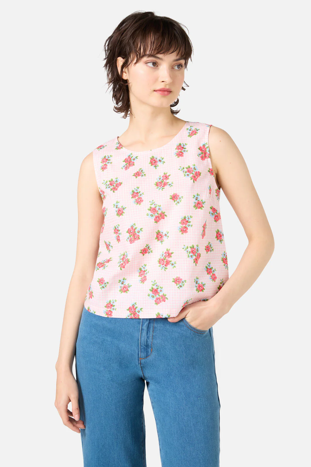 Gingham Floral Shell Top