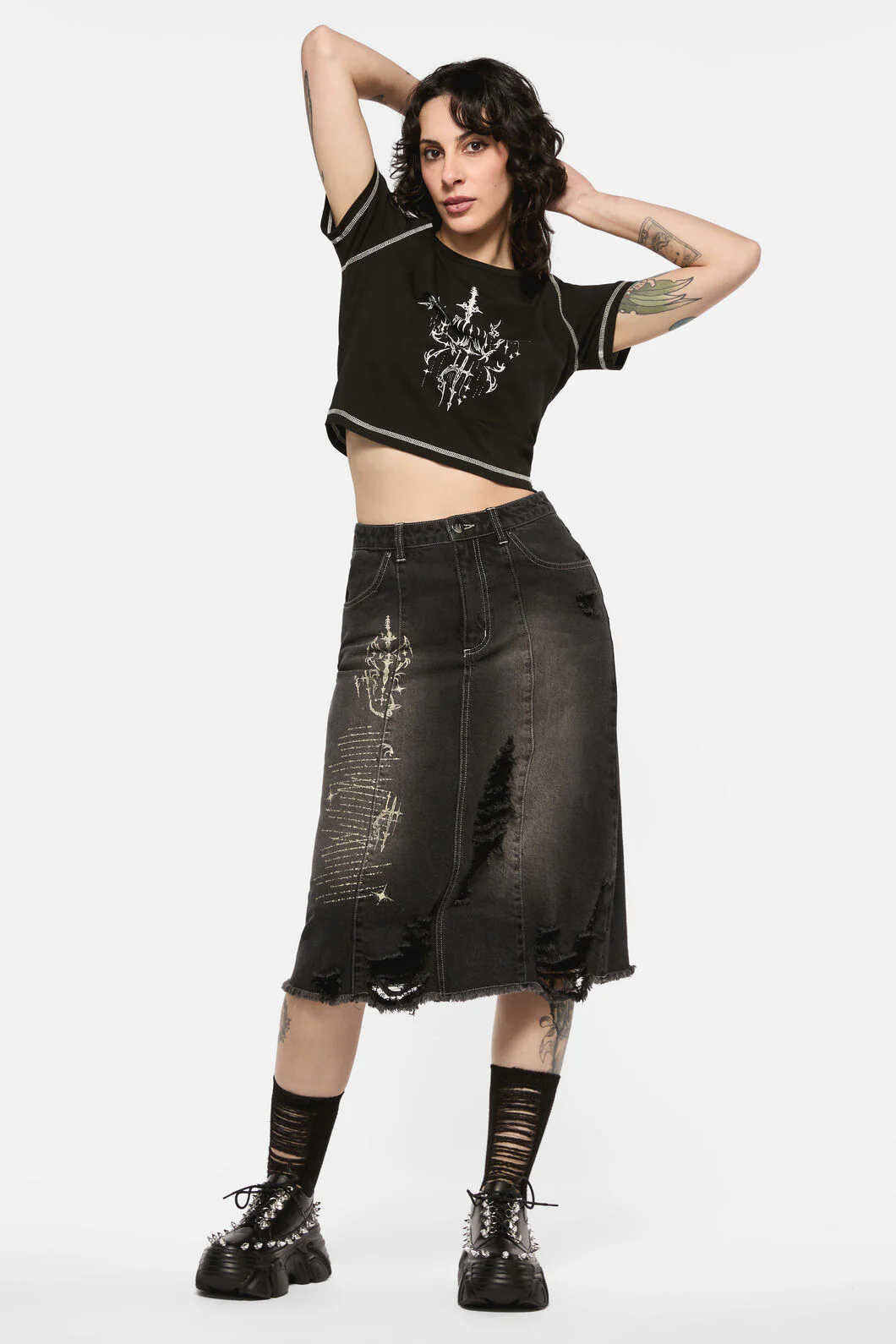 Sigil Distressed Denim Midi Skirt