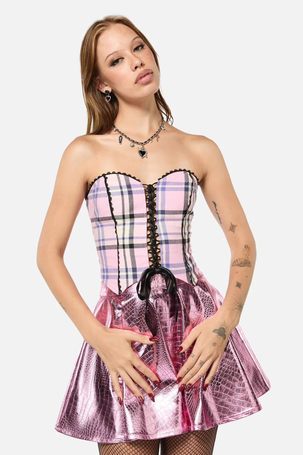 Dragon Scales Tartan Tie Up Corset