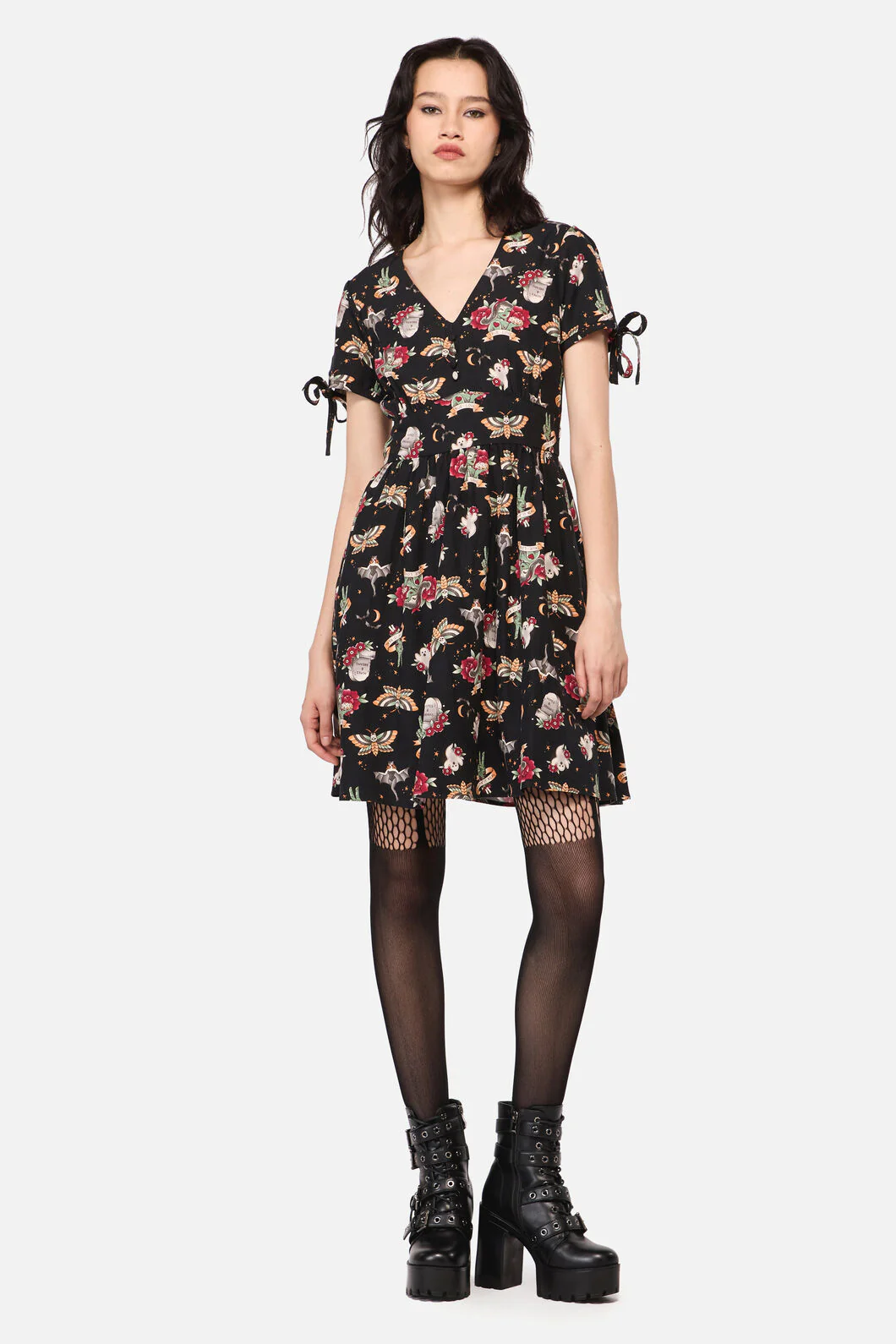 All Hallows Eve Tattoo Print Short Sleeve Dress