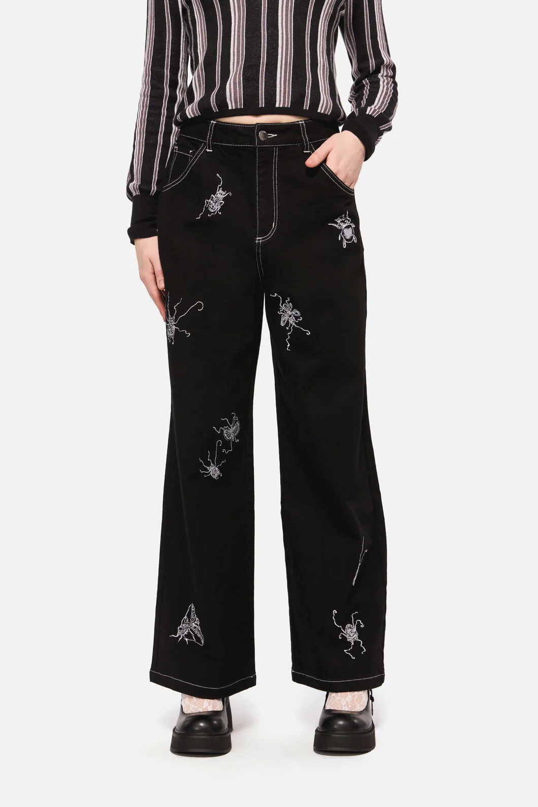 Dark Pieridae Embroidered Wide Leg Jean