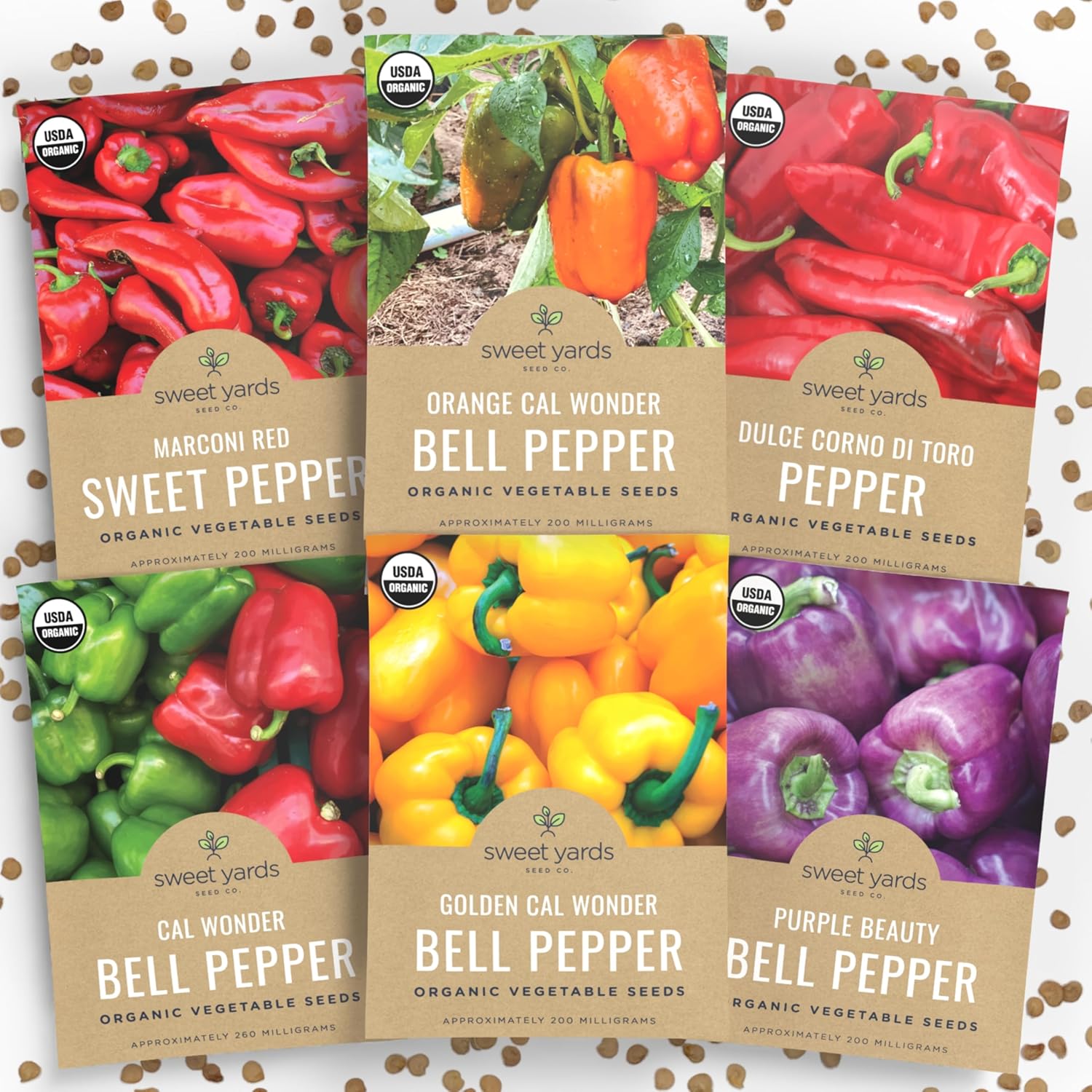 Organic Sweet Pepper Seeds Variety Pack - 5 Individual Packs - 2026 Season - Red, Yellow, Green and More! for Indoor & Outdoor Planting (Non-GMO, Certified Organic)