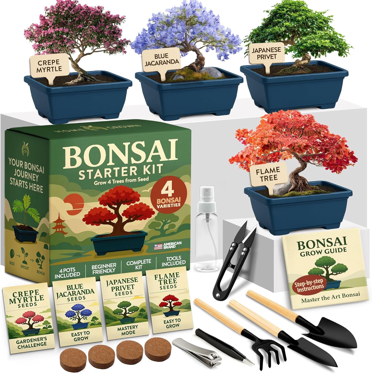 HOME GROWN Bonsai Tree Starter Kit – Unique Christmas Gift for Adults, Men, Women - Grow 4 Bonsais – DIY Crafts Hobby Gardening Kit for Plant Lovers, Mom, Dad - White Elephant Gifts for Adults