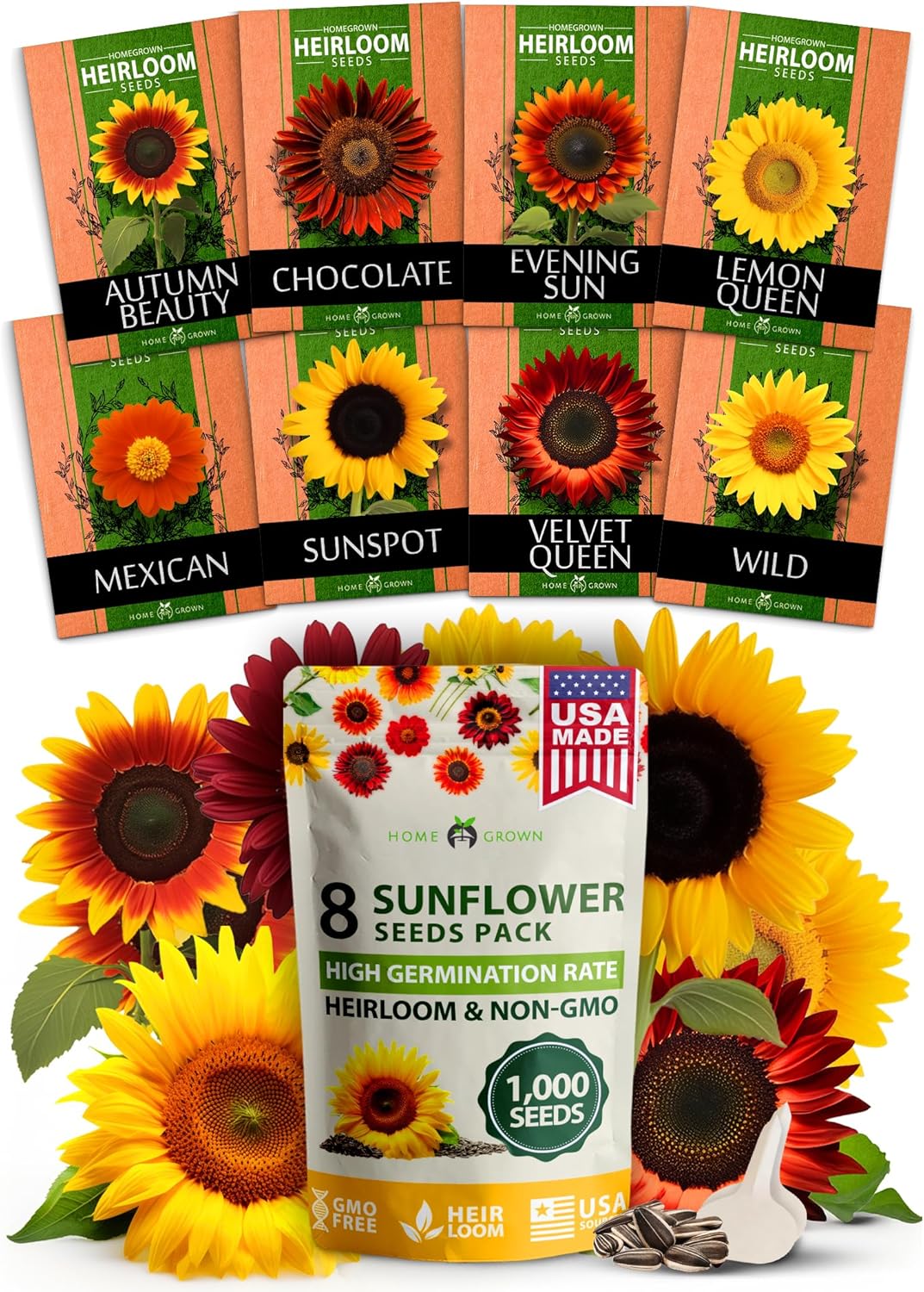 HOME GROWN Sunflower Seeds to Plant | 520+ Giant Mammoth Sunflower Seeds for Planting Bulk Packet | Heirloom, High Germination, Easy to Grow Jumbo Sun Flower for Home Garden(Helianthus annuus)