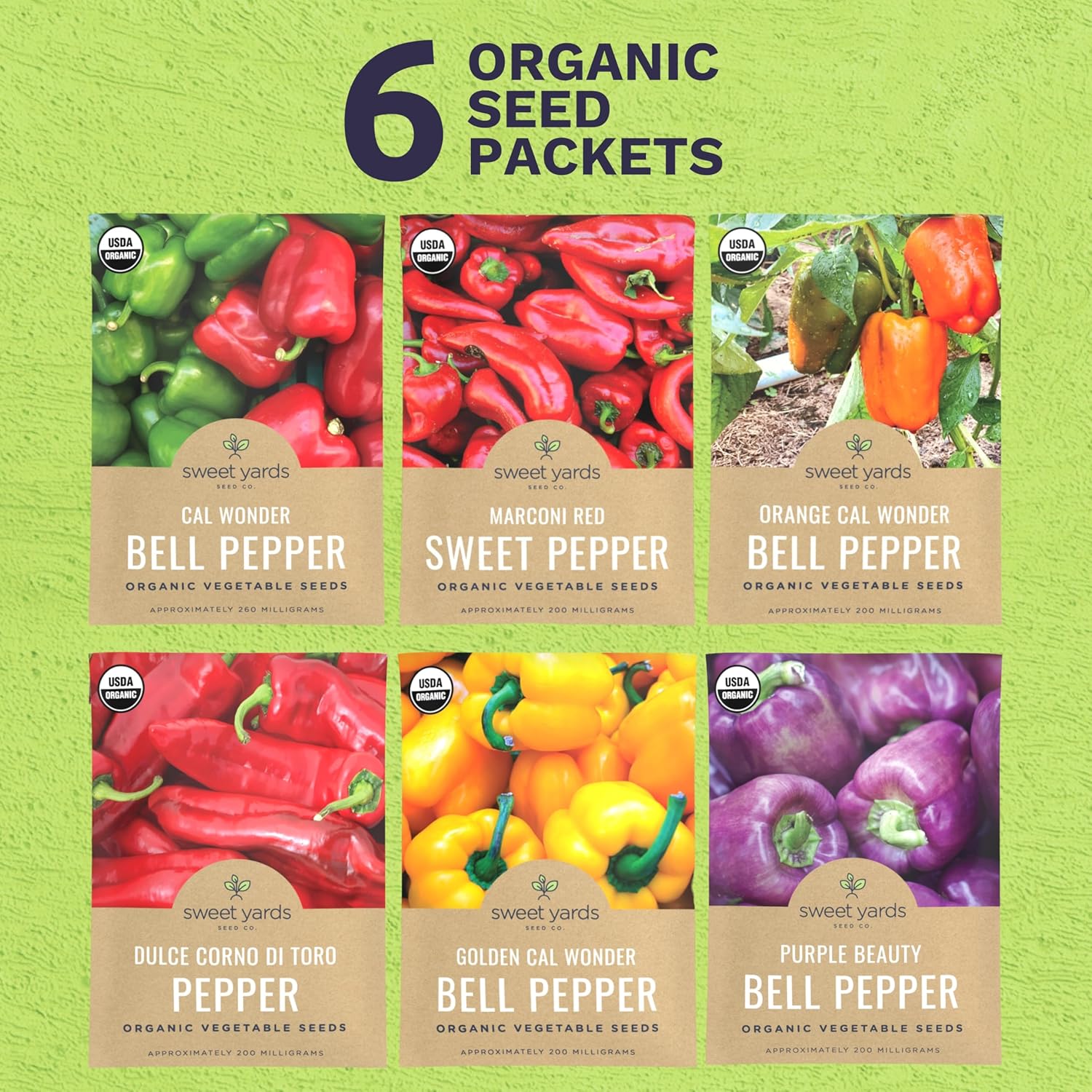 Organic Sweet Pepper Seeds Variety Pack - 5 Individual Packs - 2026 Season - Red, Yellow, Green and More! for Indoor & Outdoor Planting (Non-GMO, Certified Organic)