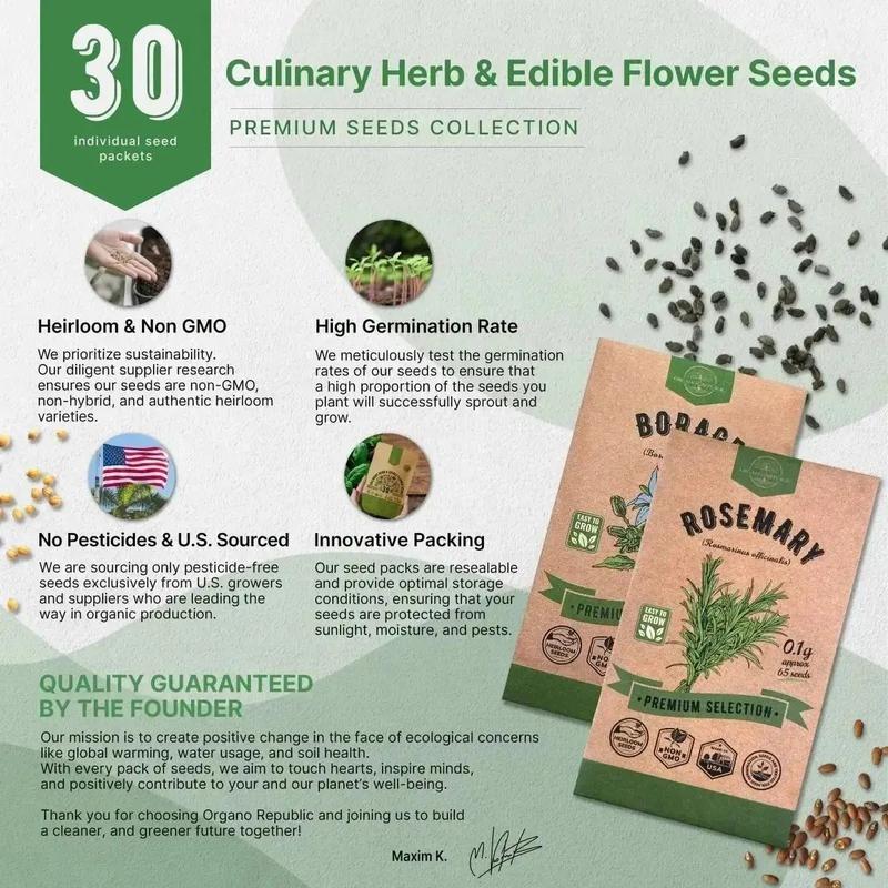 30 Culinary Herbs & Edible Flower Seeds Variety Pack