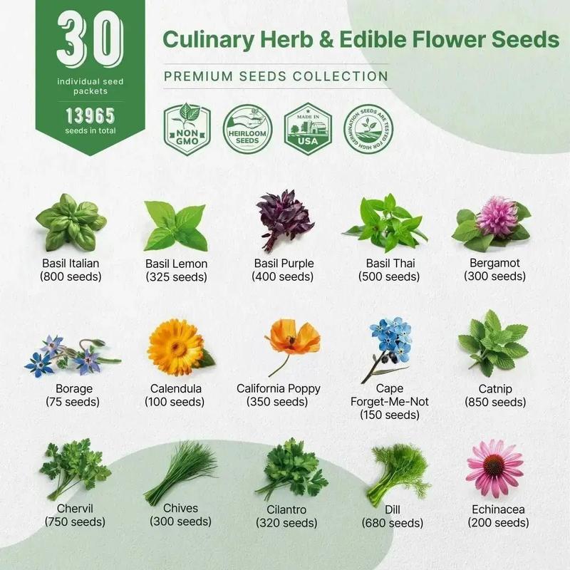 30 Culinary Herbs & Edible Flower Seeds Variety Pack