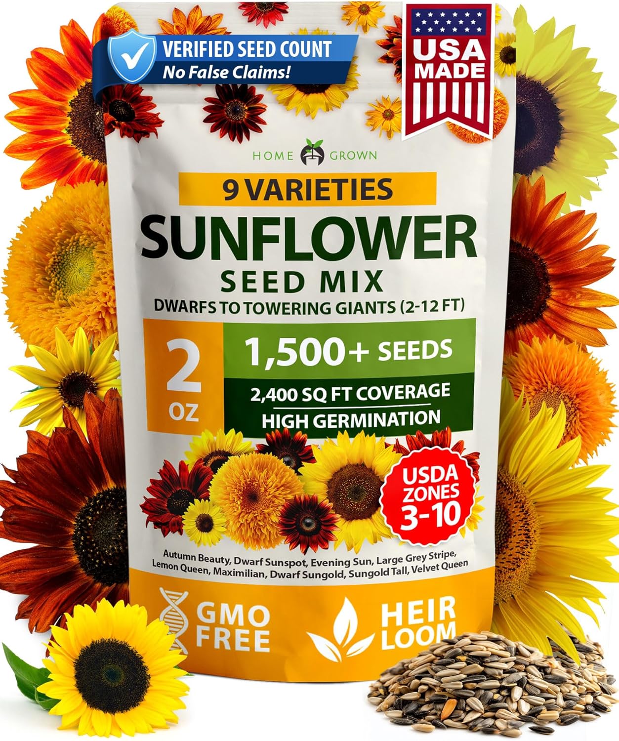 HOME GROWN Sunflower Seeds to Plant | 520+ Giant Mammoth Sunflower Seeds for Planting Bulk Packet | Heirloom, High Germination, Easy to Grow Jumbo Sun Flower for Home Garden(Helianthus annuus)