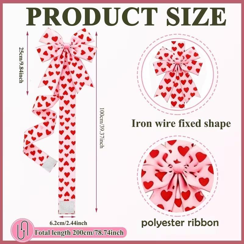 Valentine's Day Pink Heart Large Bow Decoration - 79x2.4 Inches Polyester Fringe Bow for Cabinet Doors  No Batteries Needed, Easy to Install Festive Home Decor