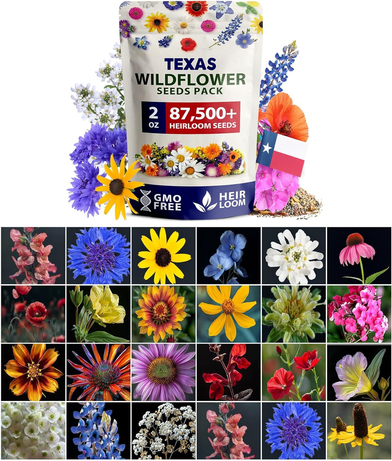 HOME GROWN 90,000+ Wildflower Seeds Mix 3oz 24 Varieties Non-GMO Perennial Flower Seeds for Planting Outdoors Butterfly & Pollinator Flower Mix Attract Bees Birds & Hummingbirds