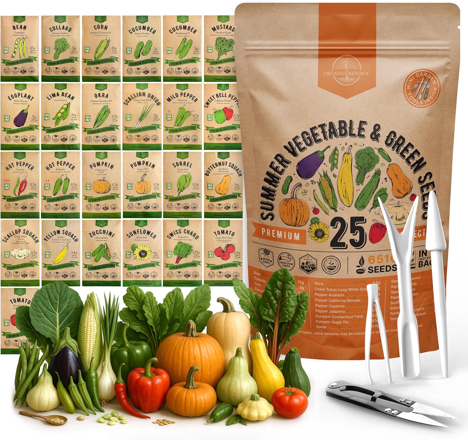 25 Summer Vegetable & Fruit Seeds Variety Pack - 1,870+ Non-GMO Heirloom Veggie & Fruits Seeds for Outdoors and Indoor Home Gardening, Including Collards, Tomato, Pepper, Okra, Onion, Bean, Cucumber