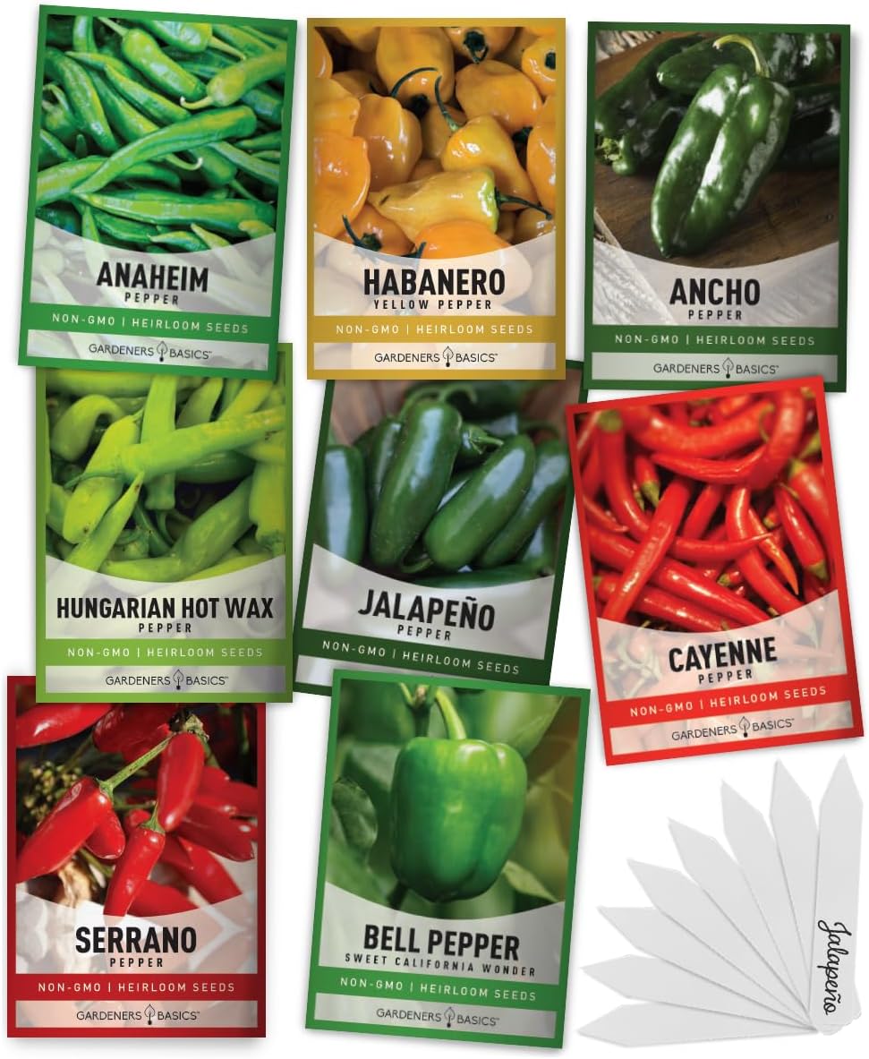 Gardeners Basics, Pepper Seeds for Planting 8 Varieties Pack, Jalapeno, Habanero, Bell Pepper, Cayenne, Hungarian Hot Wax, Anaheim, Serrano, Cubanelle Heirloom Seeds for Planting in Garden Non GMO