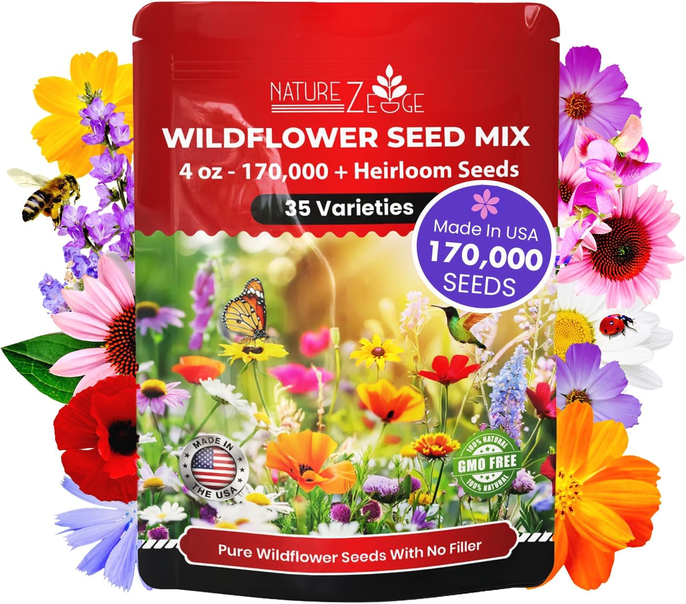 NatureZ Edge Wildflower Seeds, 1/2 lb, 340,000 Seed, 35 Variety Perennial & Annual Flower Seeds to Plant Outside, Bulk Wildflower Seed, Wild Flower, Semillas de Flores