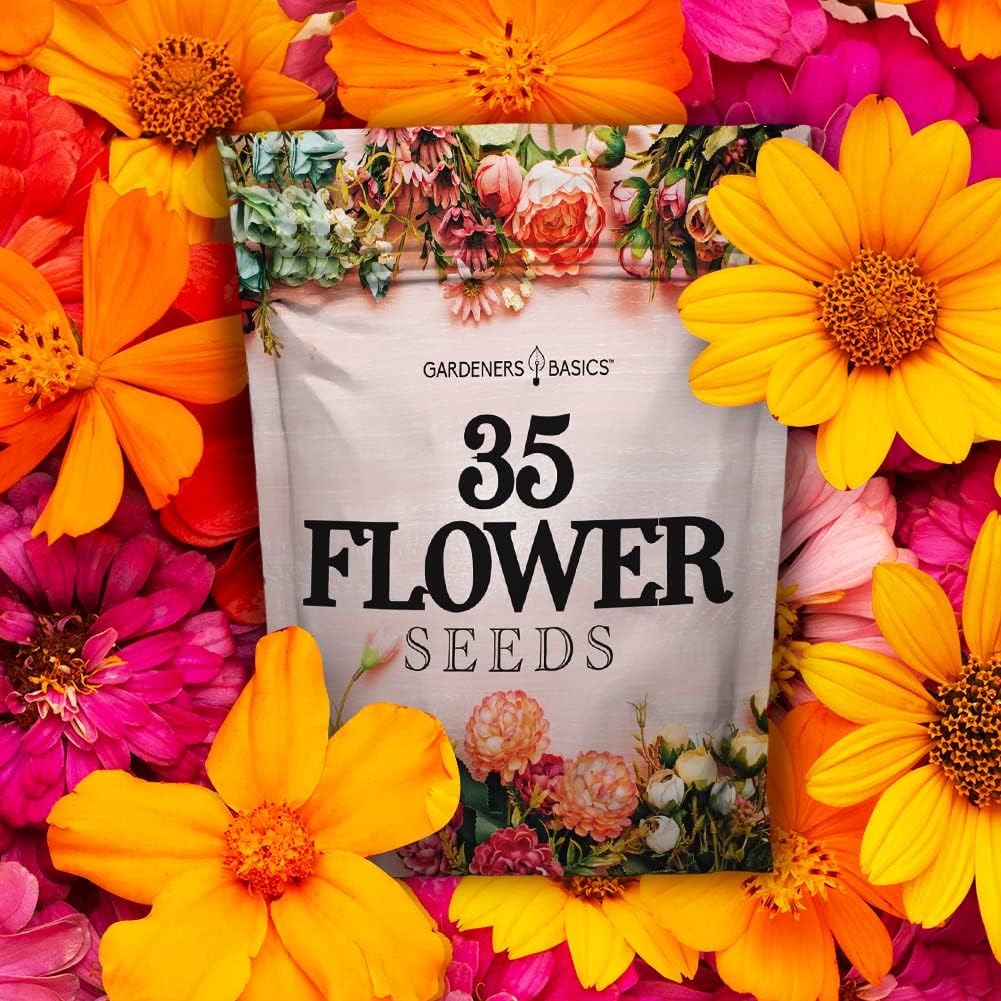 Gardeners Basics, Flower Seeds Packets for Planting 35 Individual Varieties Perennial, Annual, Wildflower Seeds for Planting Outdoors for Bees and Butterflies - Semillas de Flores Hermosas