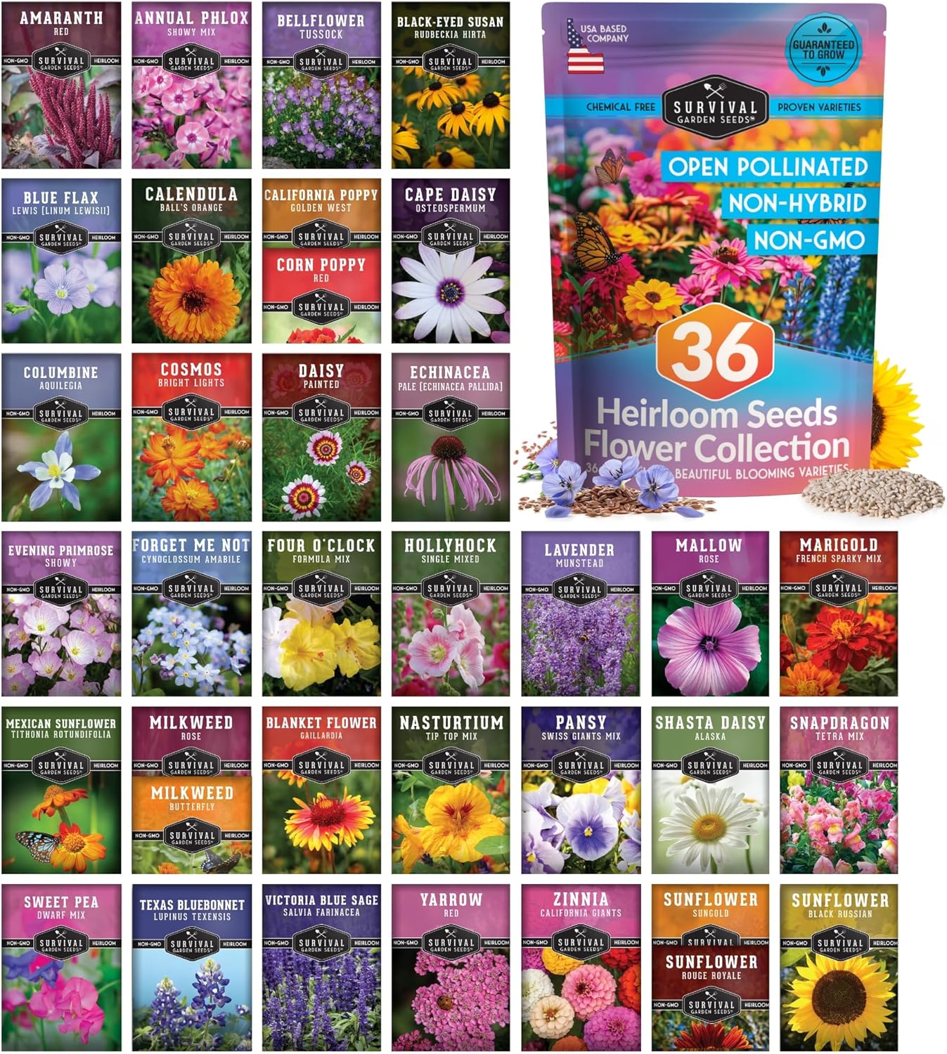 Flower Seeds Garden Kit - 36 Packs of Annual & Perennial Flowers for Planting – with Wildflowers for Pollinators, Bees, Butterflies | Heirloom Non-GMO Seed Starter Pack – Survival Garden Seeds