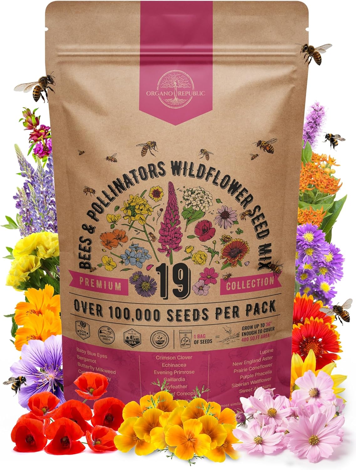 Organo Republic 23 Wildflower Seeds Annual & Perennial Mix for Indoor & Outdoors, Attract Birds & Butterflies 100,000+ Non-GMO, Heirloom Garden Seeds, 4oz Packet for Growing Wild Flowers
