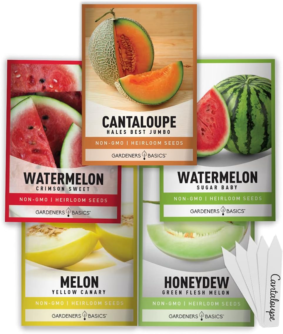 Gardeners Basics, Melon Fruit Seeds for Planting Home Garden 5 Variety Packs - Hales Best Cantaloupe, Crimson Sweet Watermelon, Yellow Canary Melon, Green Flesh Honeydew Melon, Sugar Baby Watermelon