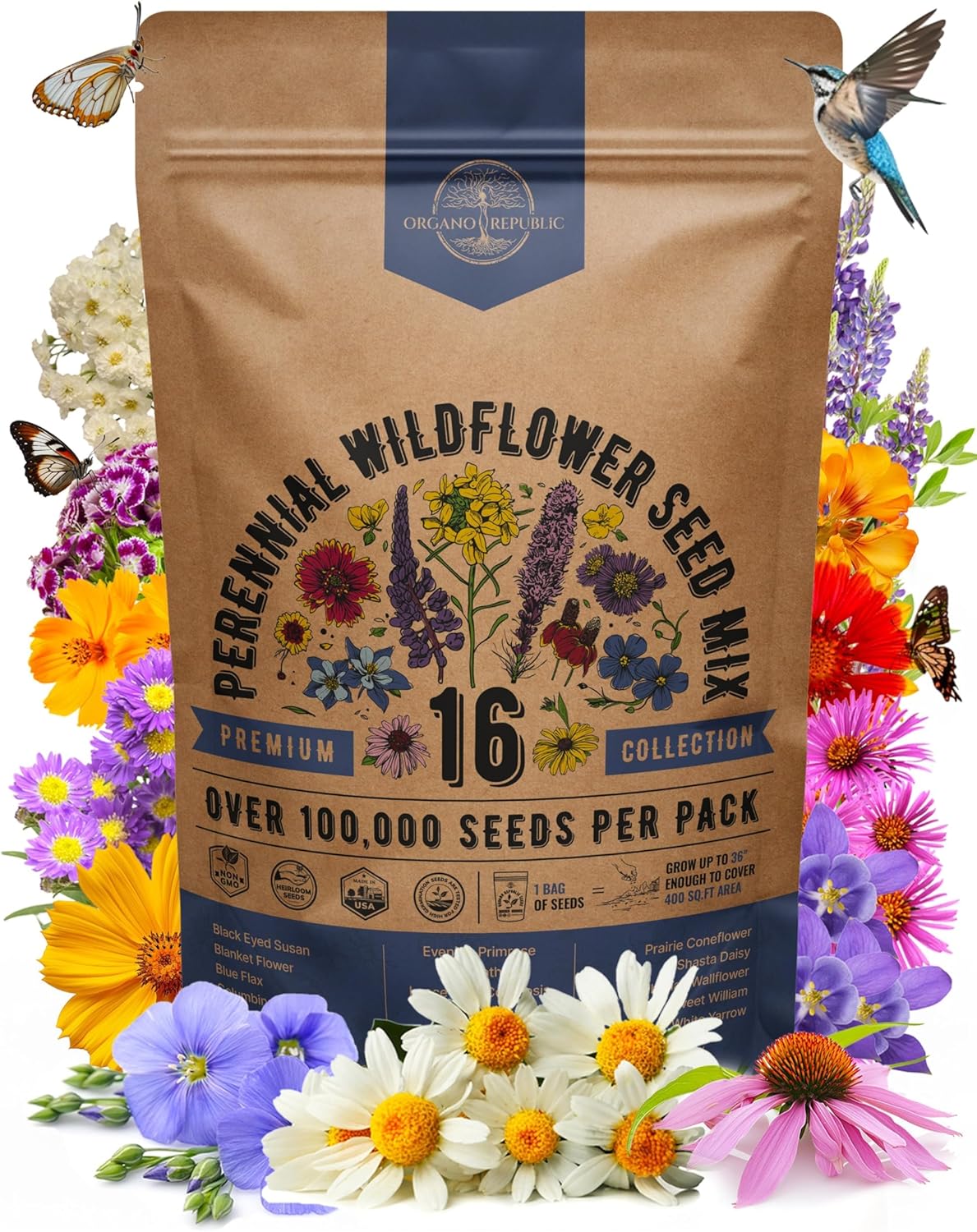 Organo Republic 23 Wildflower Seeds Annual & Perennial Mix for Indoor & Outdoors, Attract Birds & Butterflies 100,000+ Non-GMO, Heirloom Garden Seeds, 4oz Packet for Growing Wild Flowers