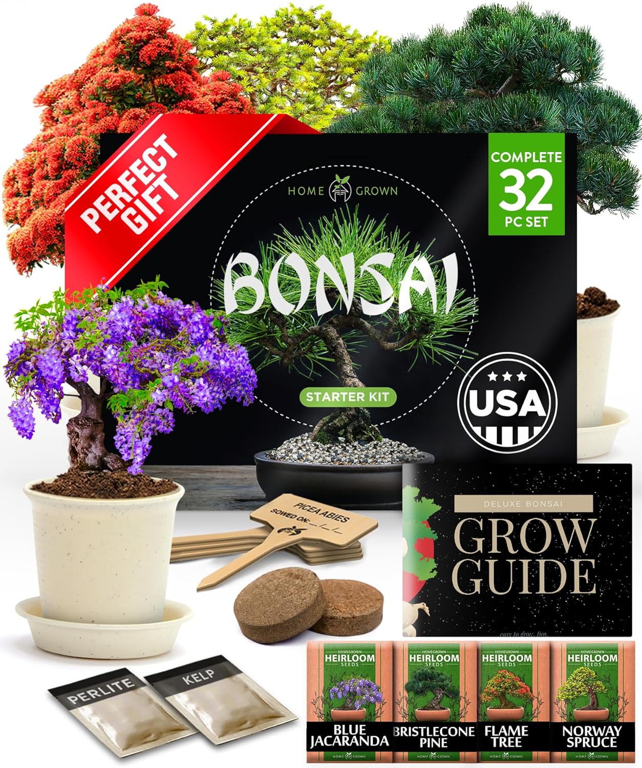 HOME GROWN Bonsai Tree Kit – Premium Ceramic Starter Set with 4 Bonsai Varieties – Easy Indoor Gardening Gift for Men & Women – Unique Plant Kit for Beginners & Nature Lovers