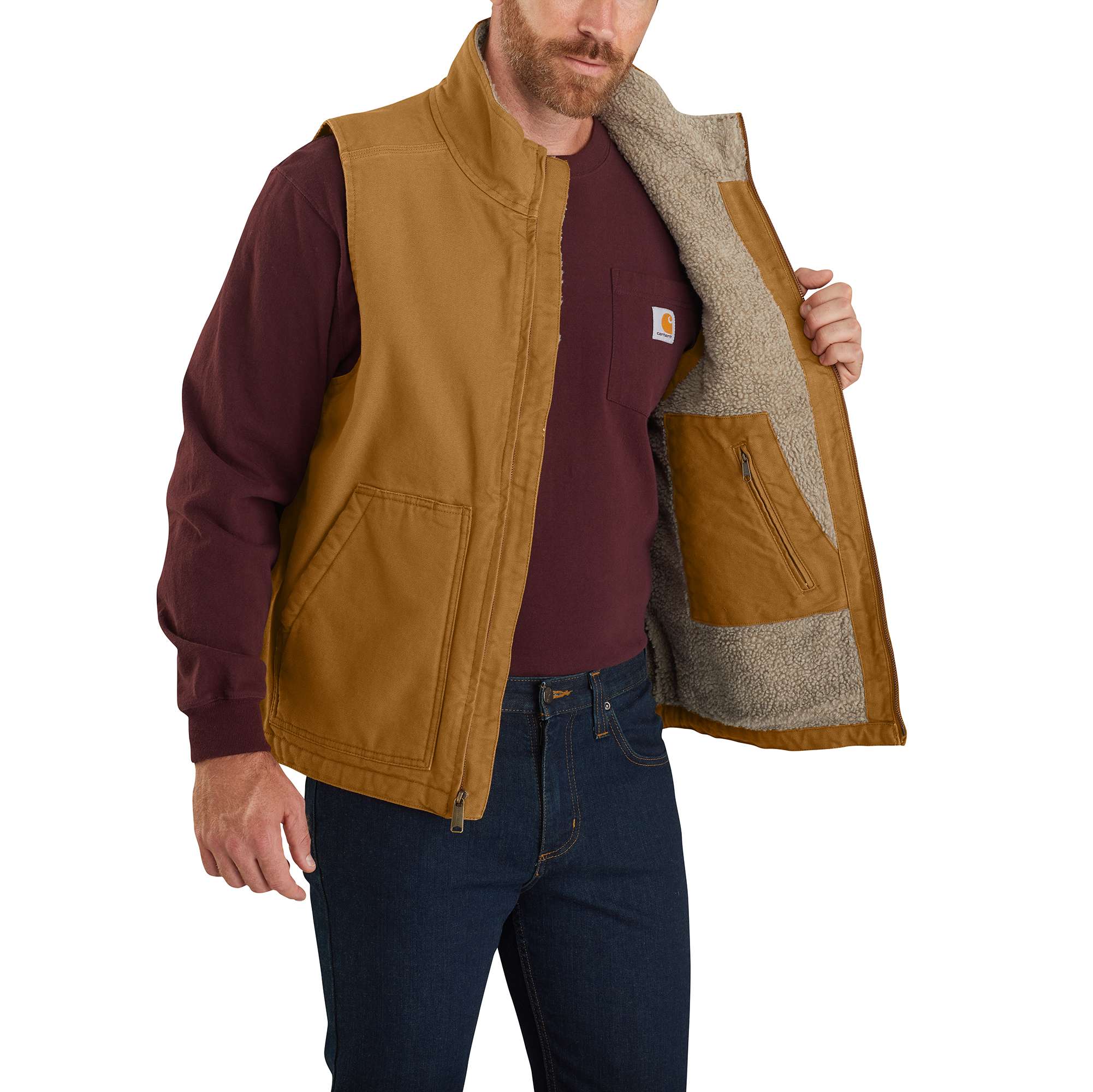 Men's Mock-Neck Sherpa-Lined Vest - Loose Fit - Washed Duck