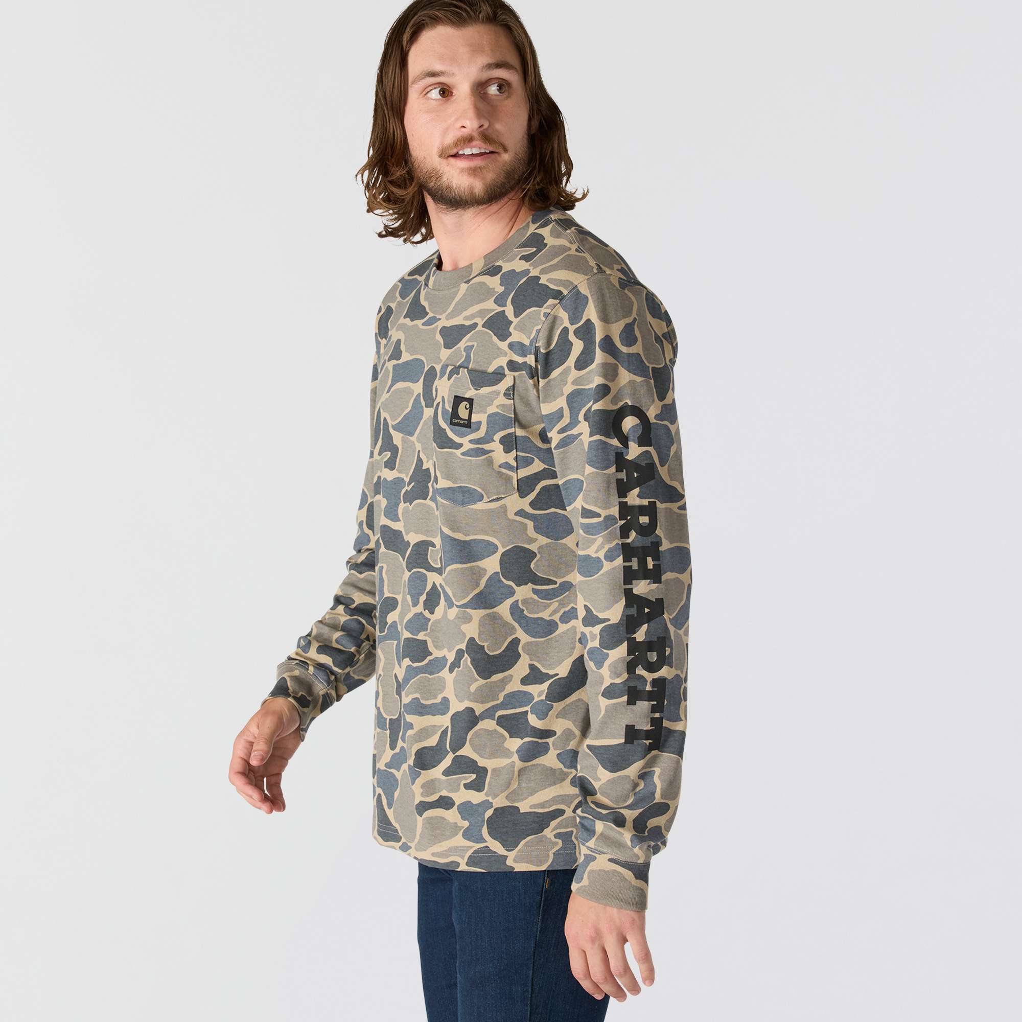 Relaxed Fit Heavyweight Long-Sleeve Pocket Camo Logo Graphic T-Shirt