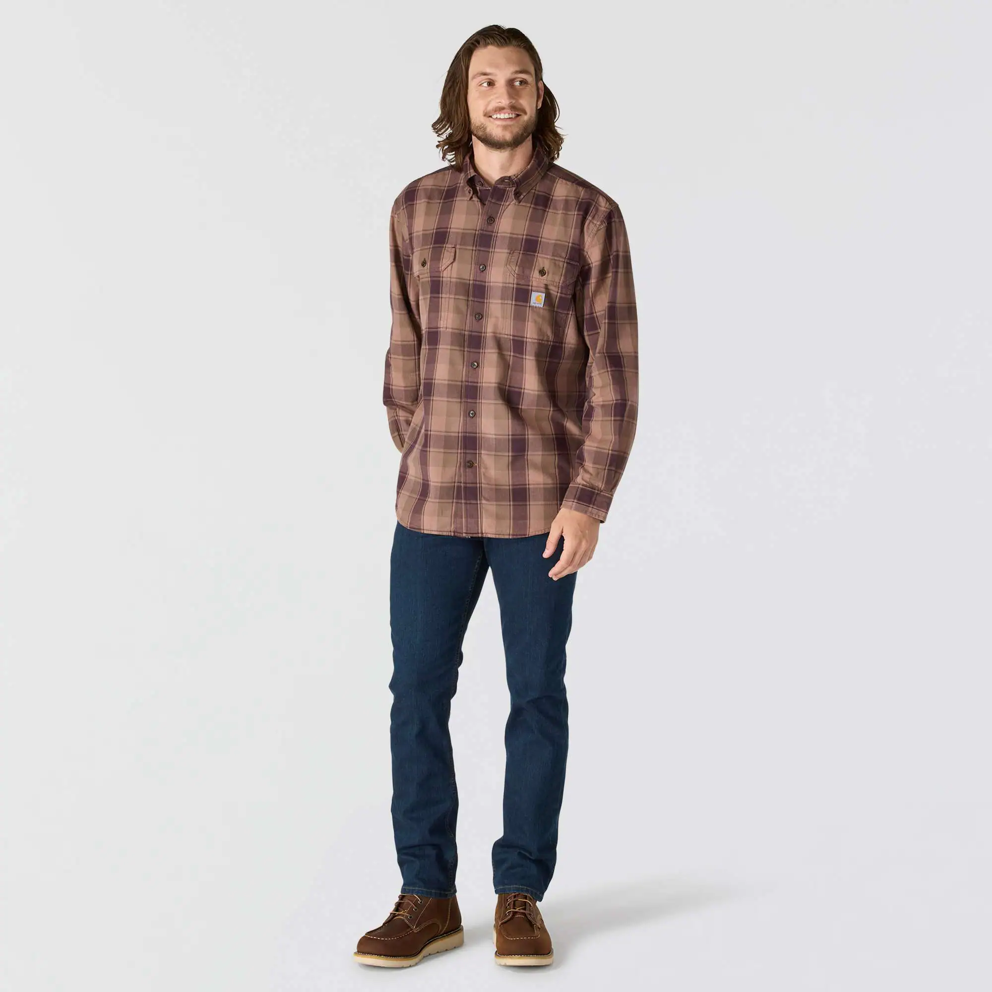 Loose Fit Midweight Chambray Long-Sleeve Plaid Shirt