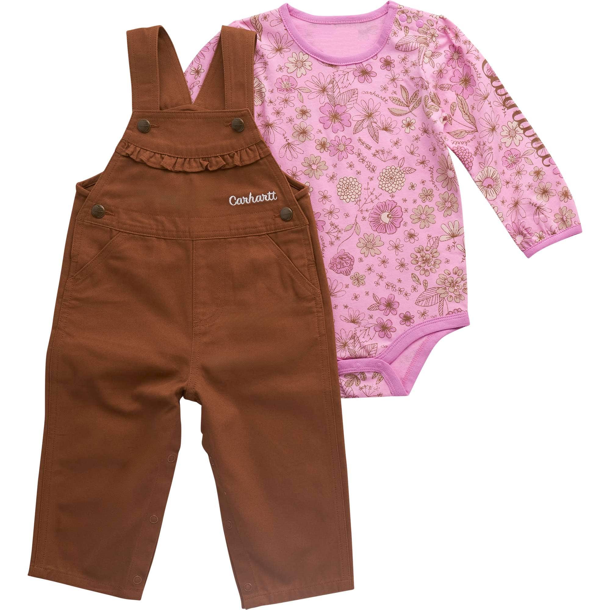 Girls' 2-Piece Long Sleeve Floral Bodysuit & Canvas Overall Set (Baby)
