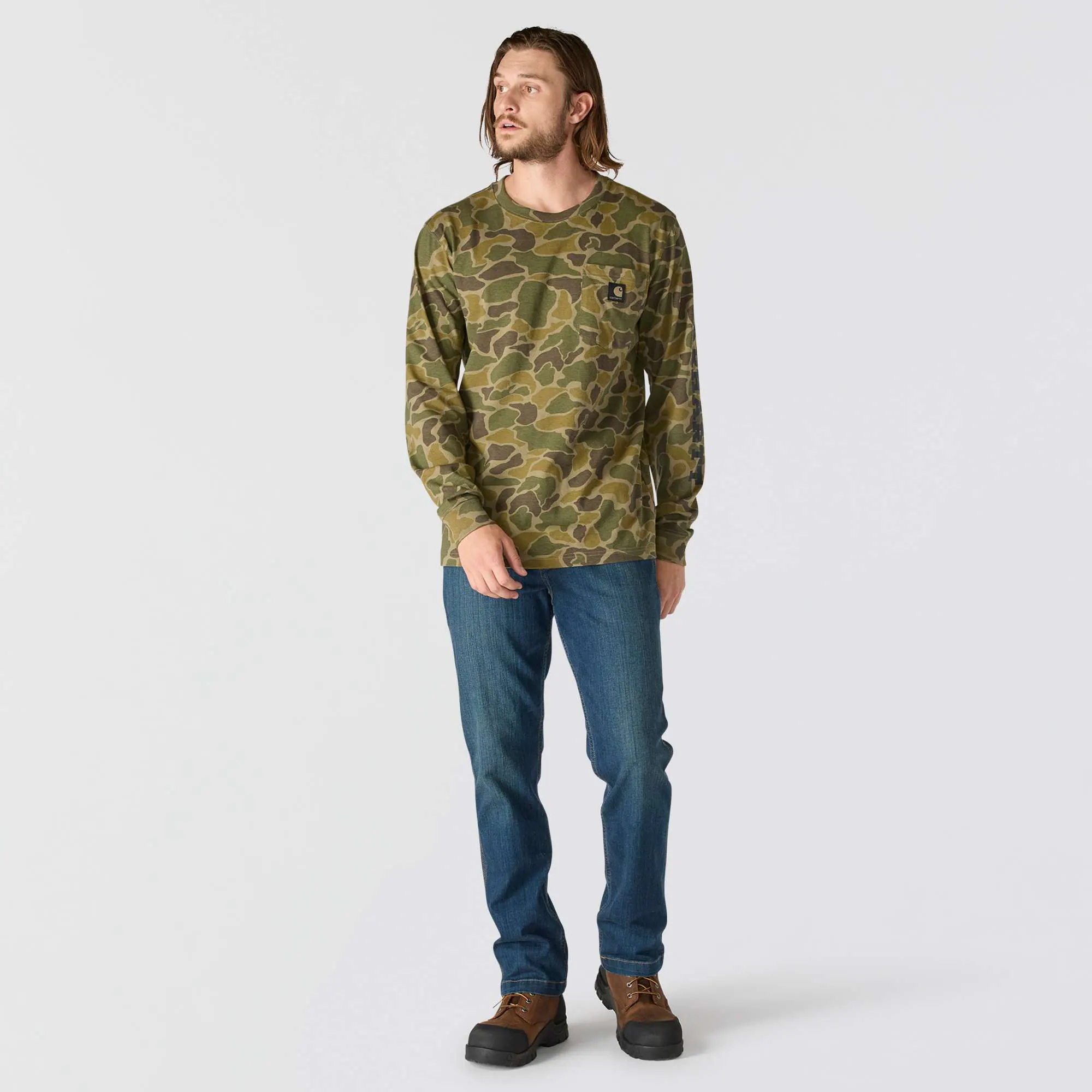 Relaxed Fit Heavyweight Long-Sleeve Pocket Camo Logo Graphic T-Shirt