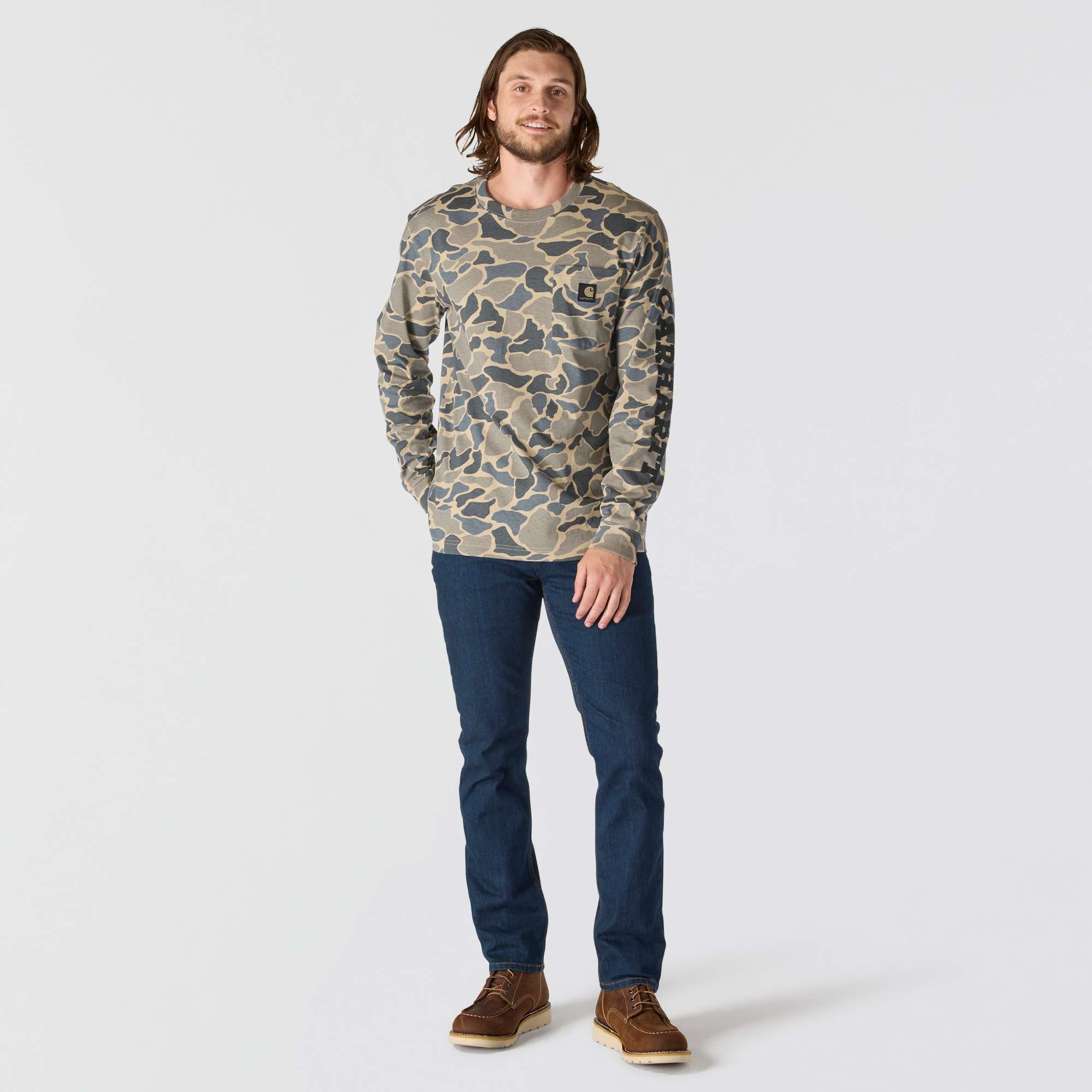 Relaxed Fit Heavyweight Long-Sleeve Pocket Camo Logo Graphic T-Shirt