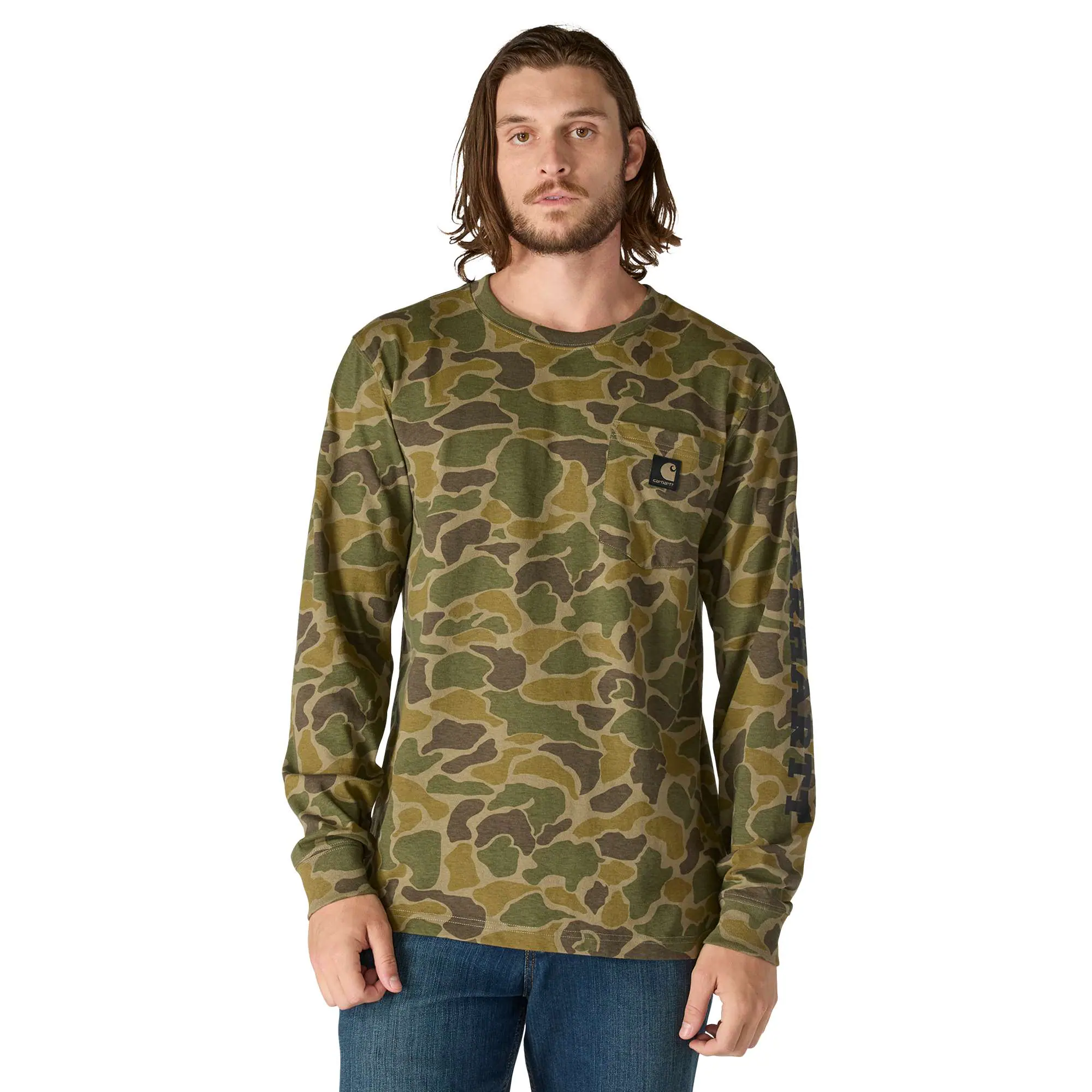 Relaxed Fit Heavyweight Long-Sleeve Pocket Camo Logo Graphic T-Shirt