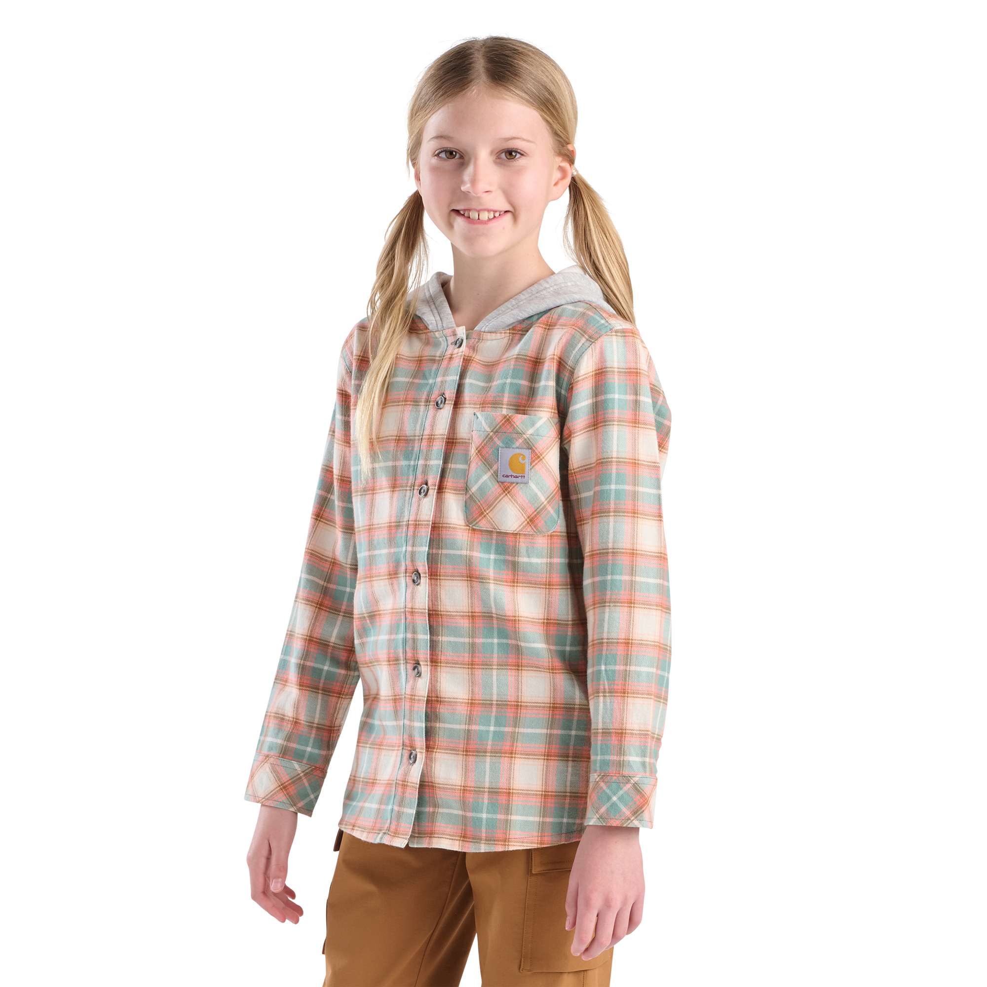 Girls' Long Sleeve Flannel Button-Front Hooded Shirt (Child/Youth)