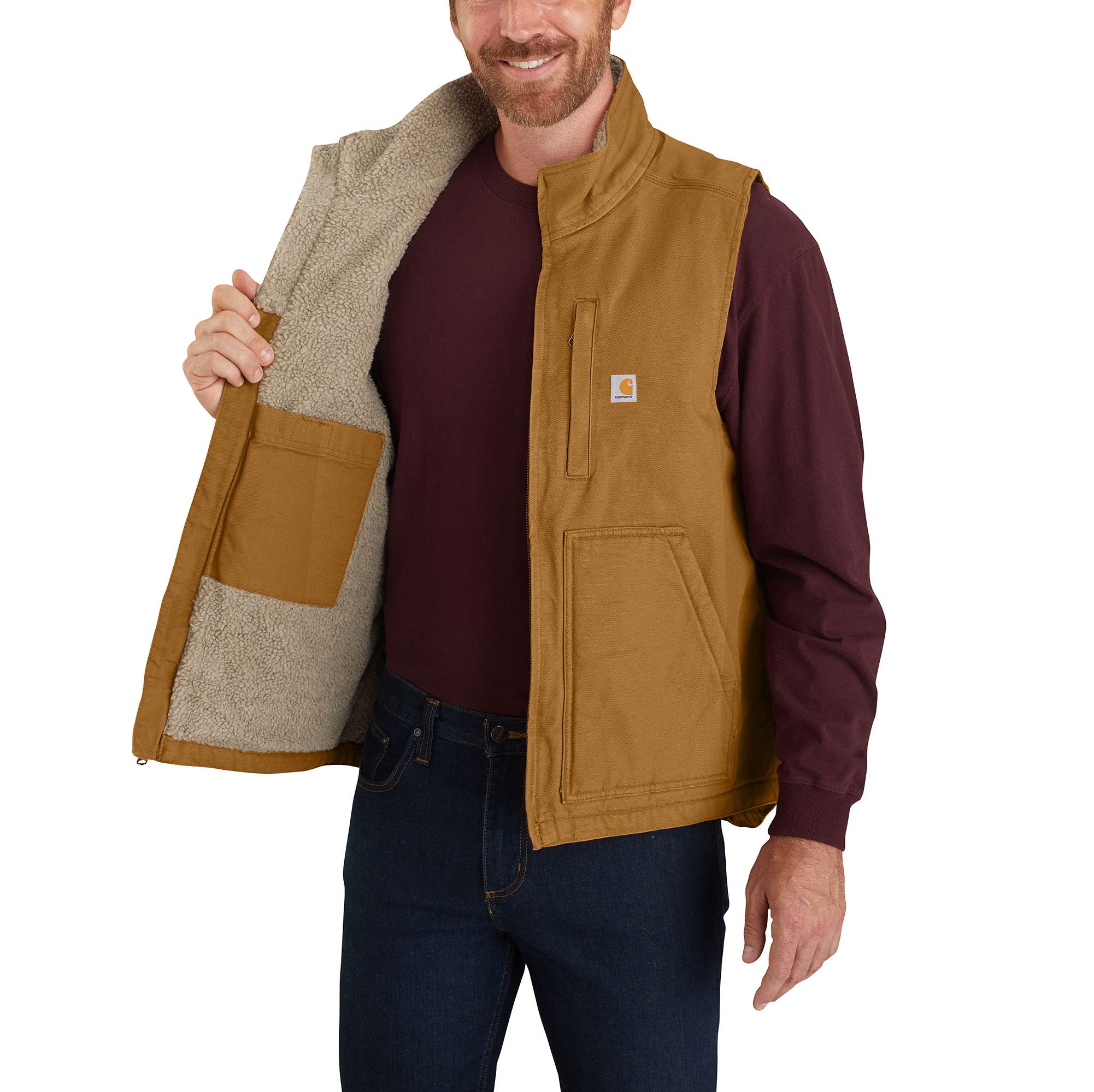 Men's Mock-Neck Sherpa-Lined Vest - Loose Fit - Washed Duck