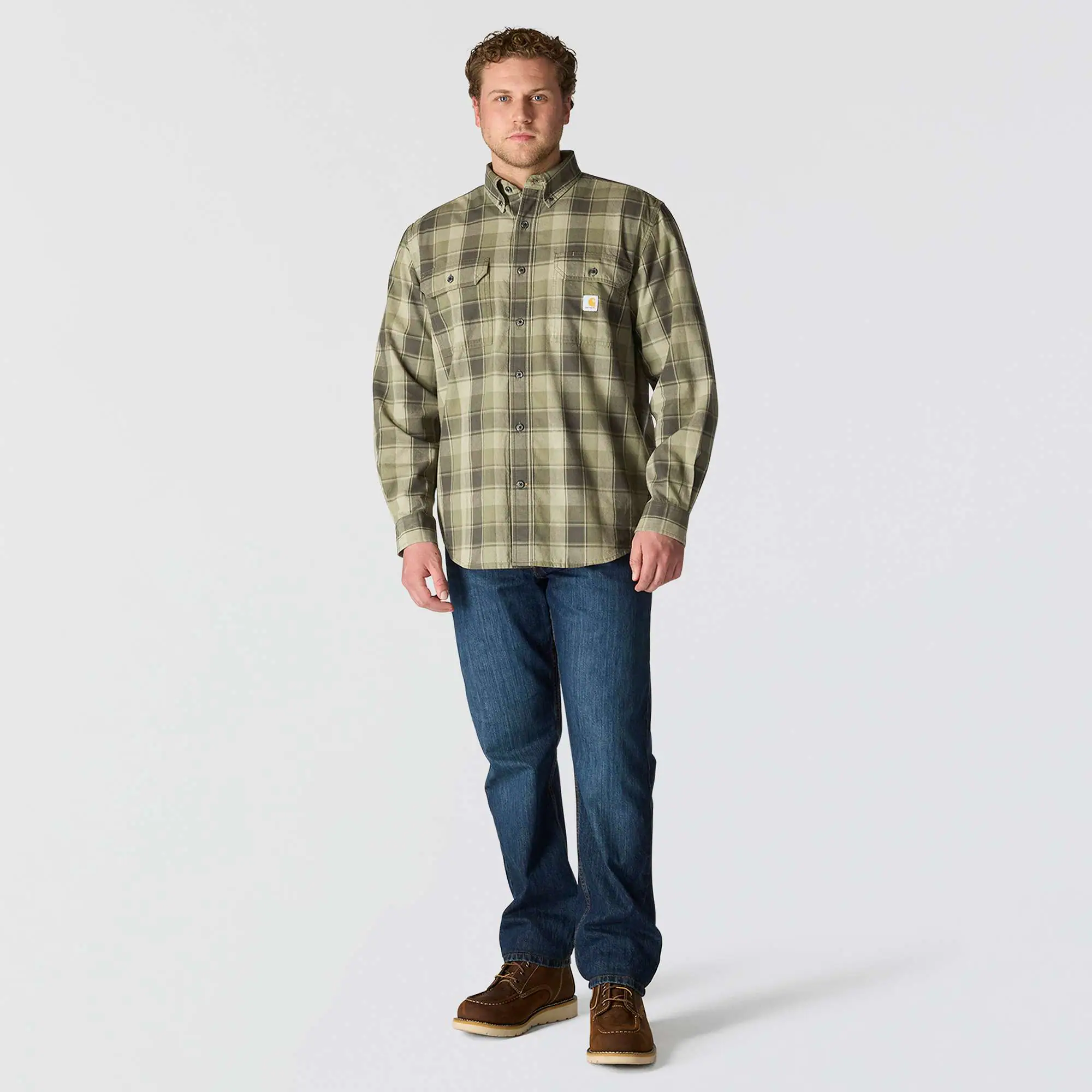 Loose Fit Midweight Chambray Long-Sleeve Plaid Shirt