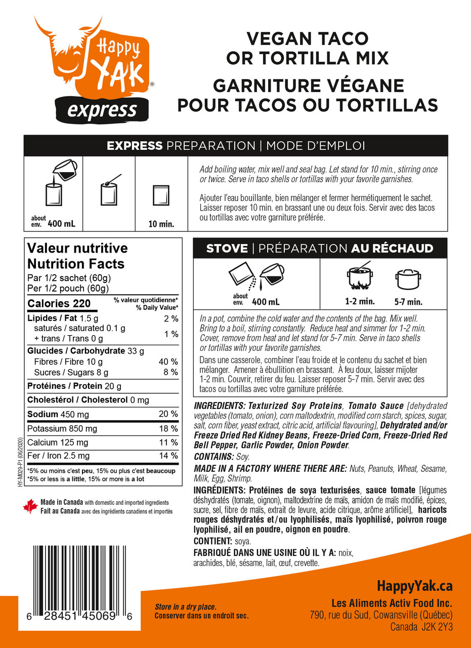 Happy Yak Vegetarian Taco and Tortilla Mix