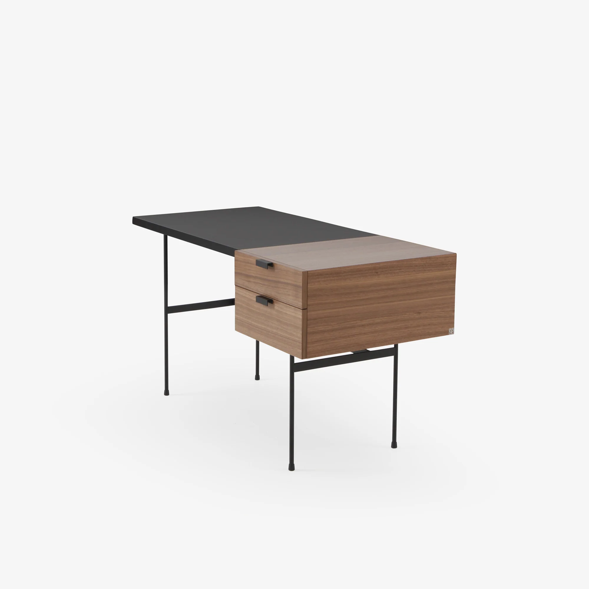 Tanis Desk Walnut + Black Fenix Laminate Base In Circular Tubing