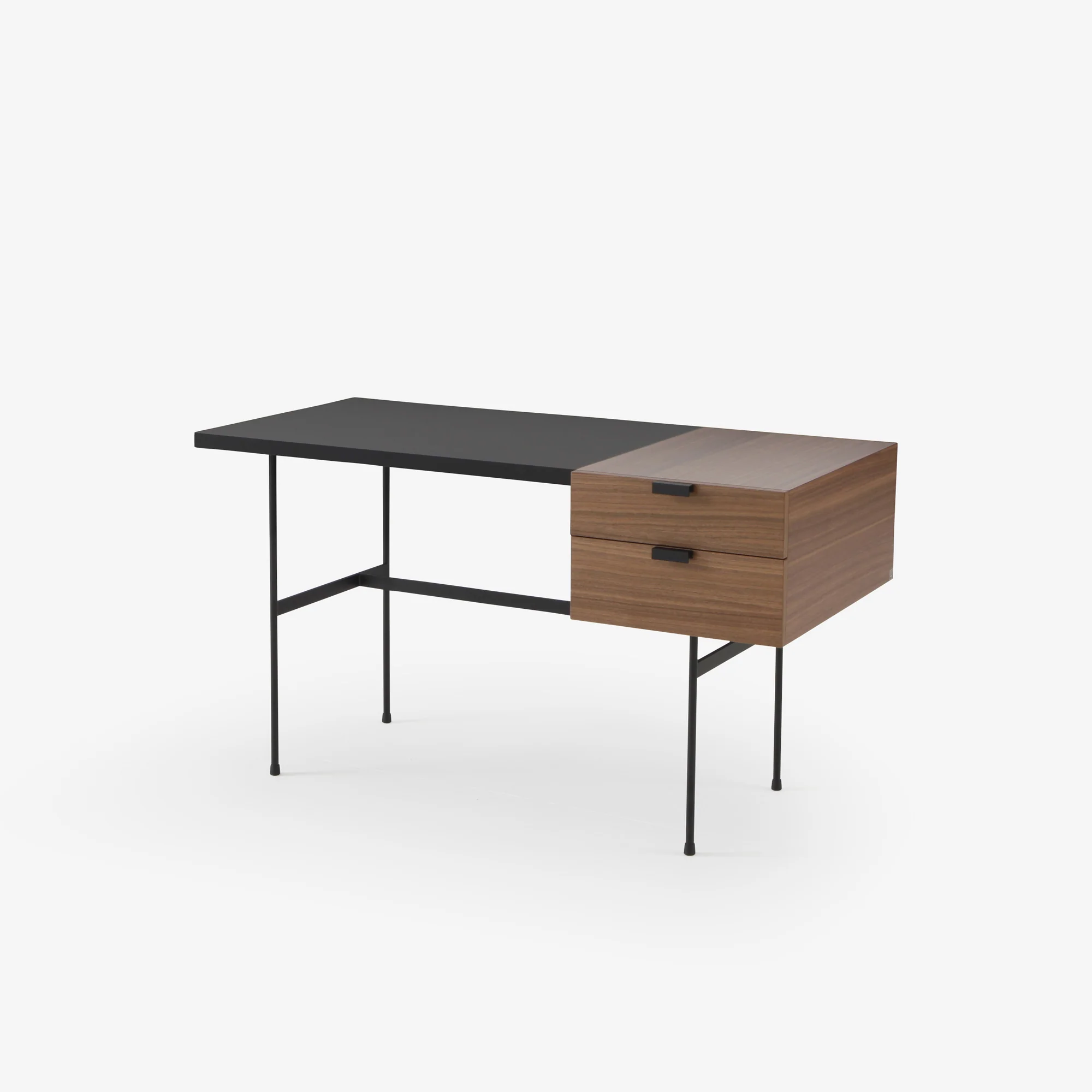 Tanis Desk Walnut + Black Fenix Laminate Base In Circular Tubing