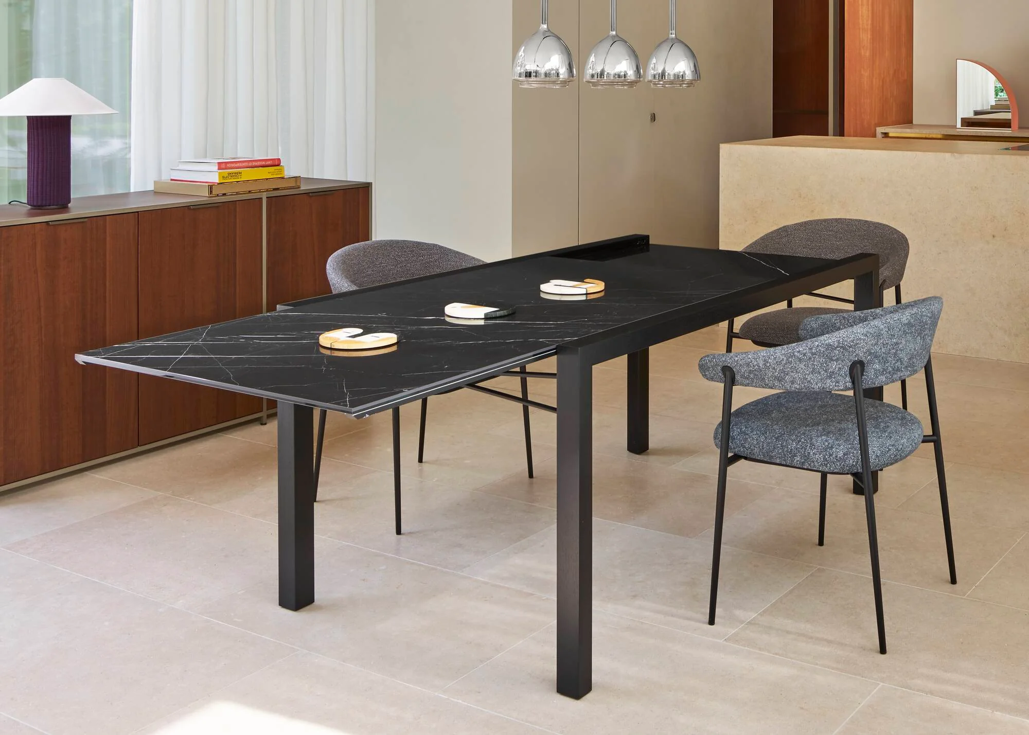 Extensia Dining Table Top In White Marble-Effect Ceramic Stoneware Base In Black Stained Ash