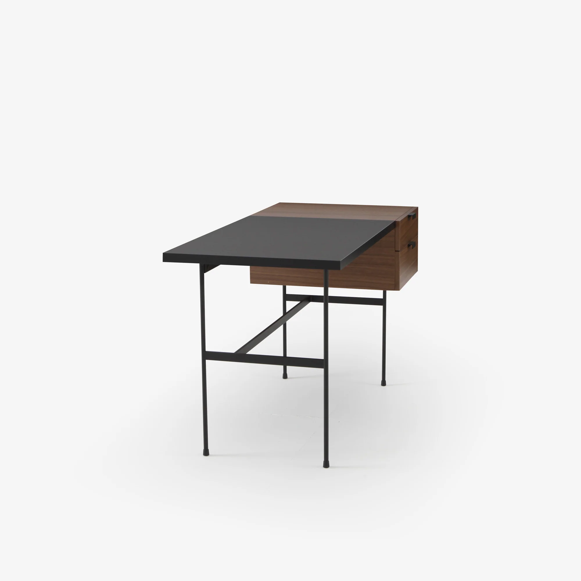 Tanis Desk Walnut + Black Fenix Laminate Base In Circular Tubing