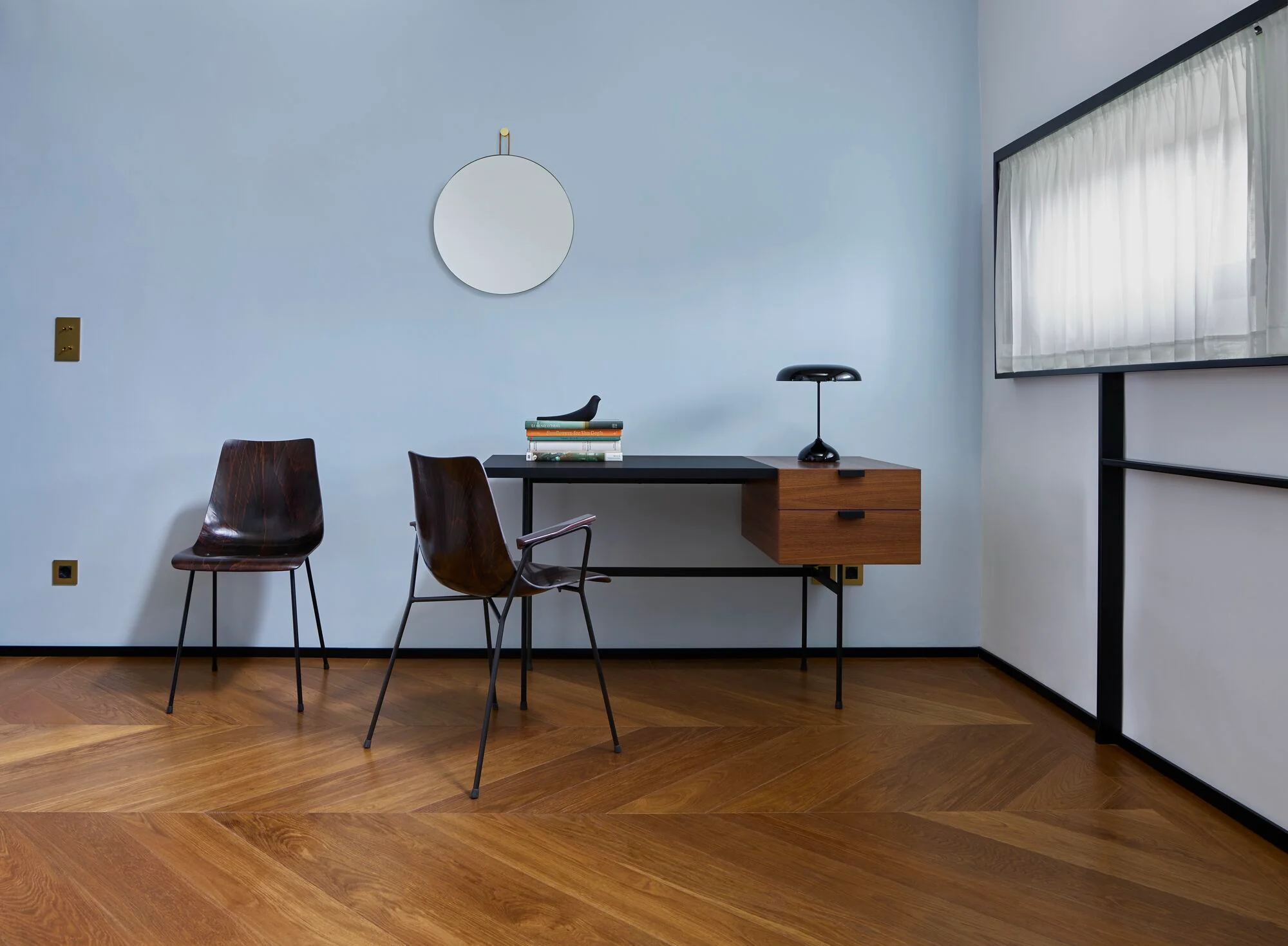 Tanis Desk Walnut + Black Fenix Laminate Base In Circular Tubing